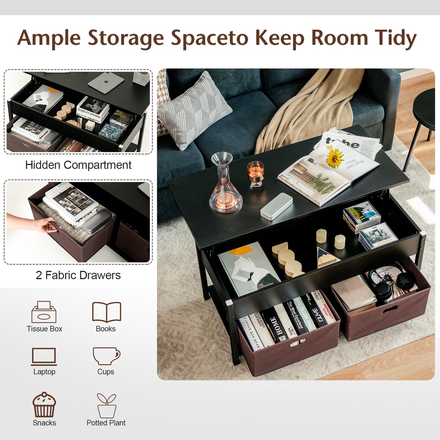 Adjustable Lift Top Coffee Table with Hidden Storage and Fabric Drawers - Black