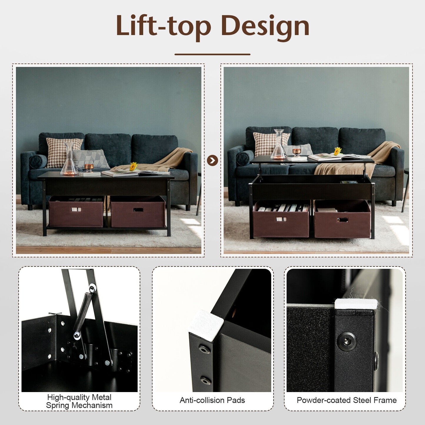 Adjustable Lift Top Coffee Table with Hidden Storage and Fabric Drawers - Black