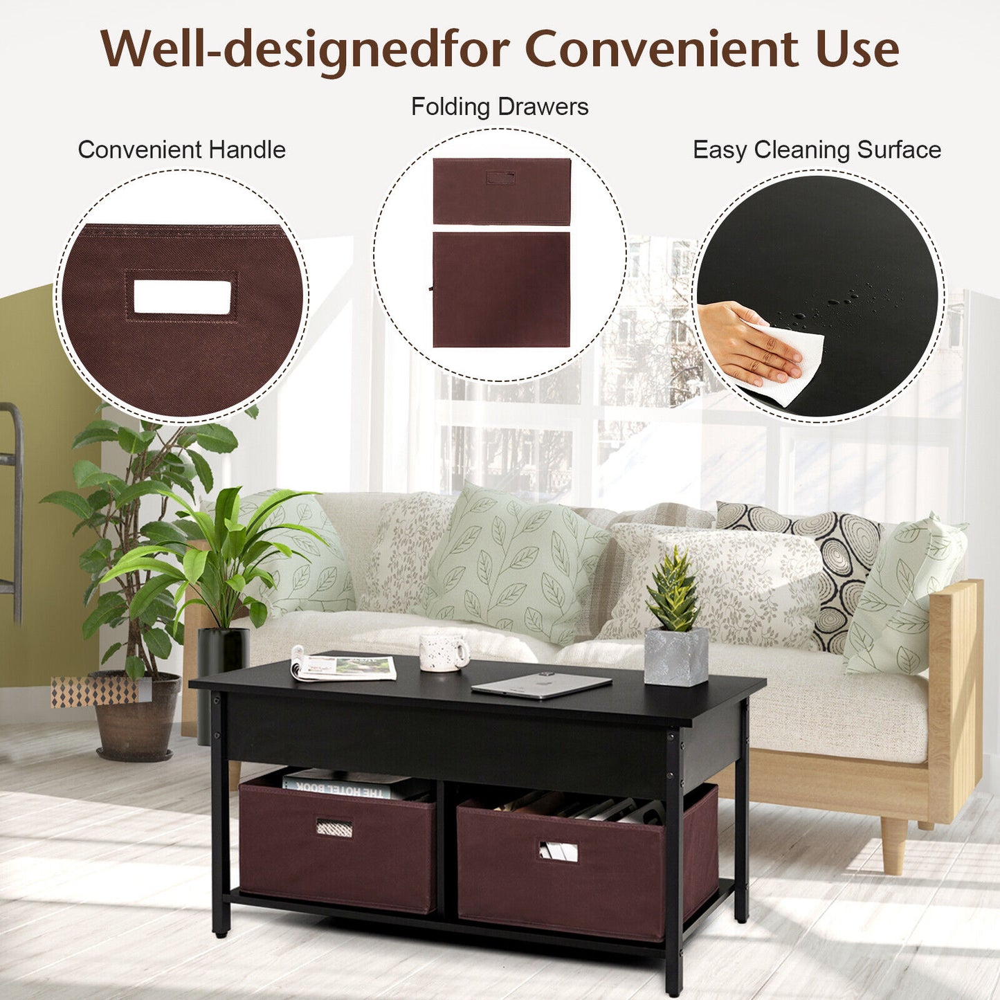 Adjustable Lift Top Coffee Table with Hidden Storage and Fabric Drawers - Black
