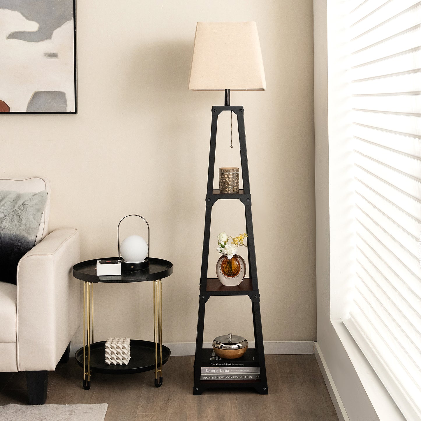 Trapezoidal Floor Lamp with 3 Tier Storage Shelves and Linen Shade