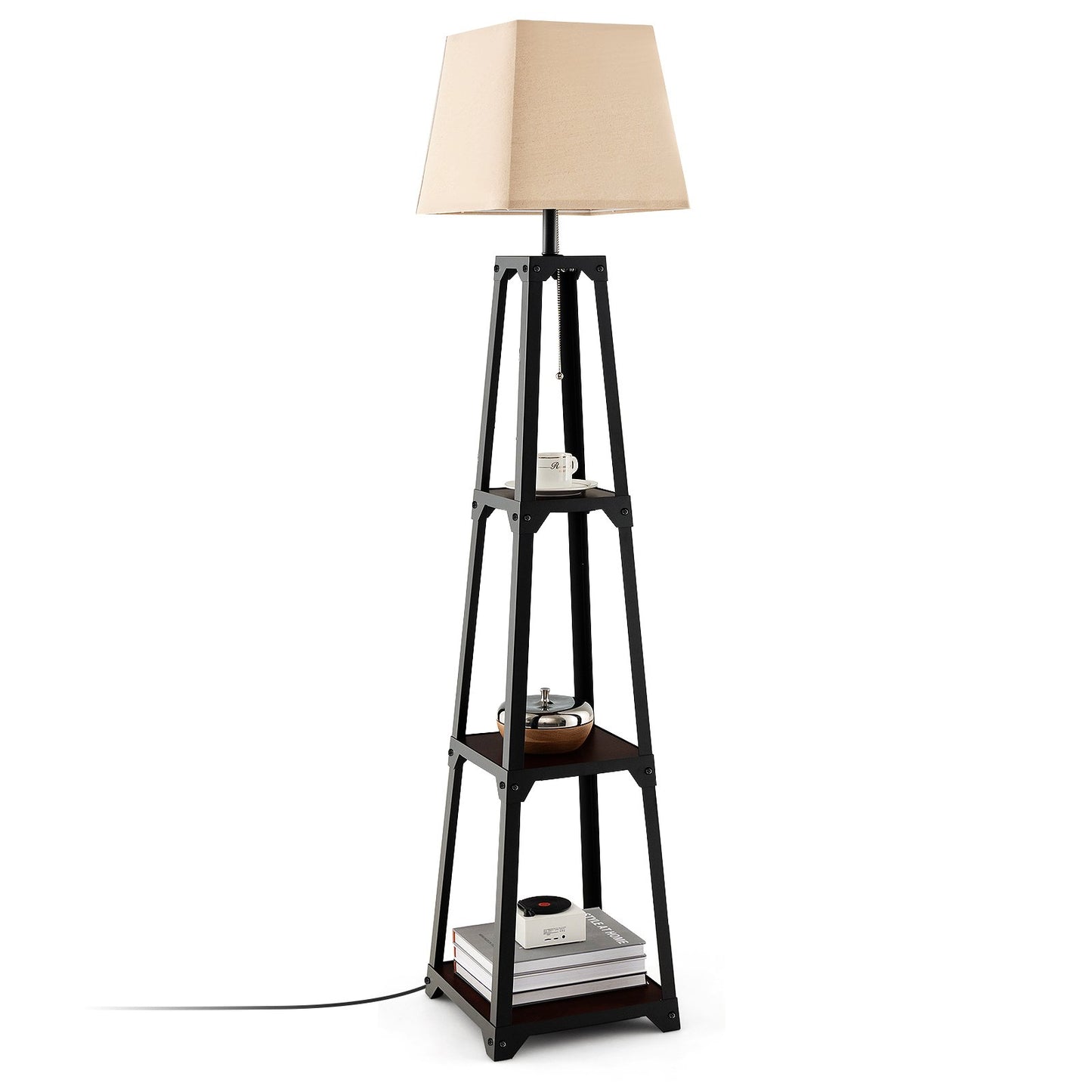 Trapezoidal Floor Lamp with 3 Tier Storage Shelves and Linen Shade