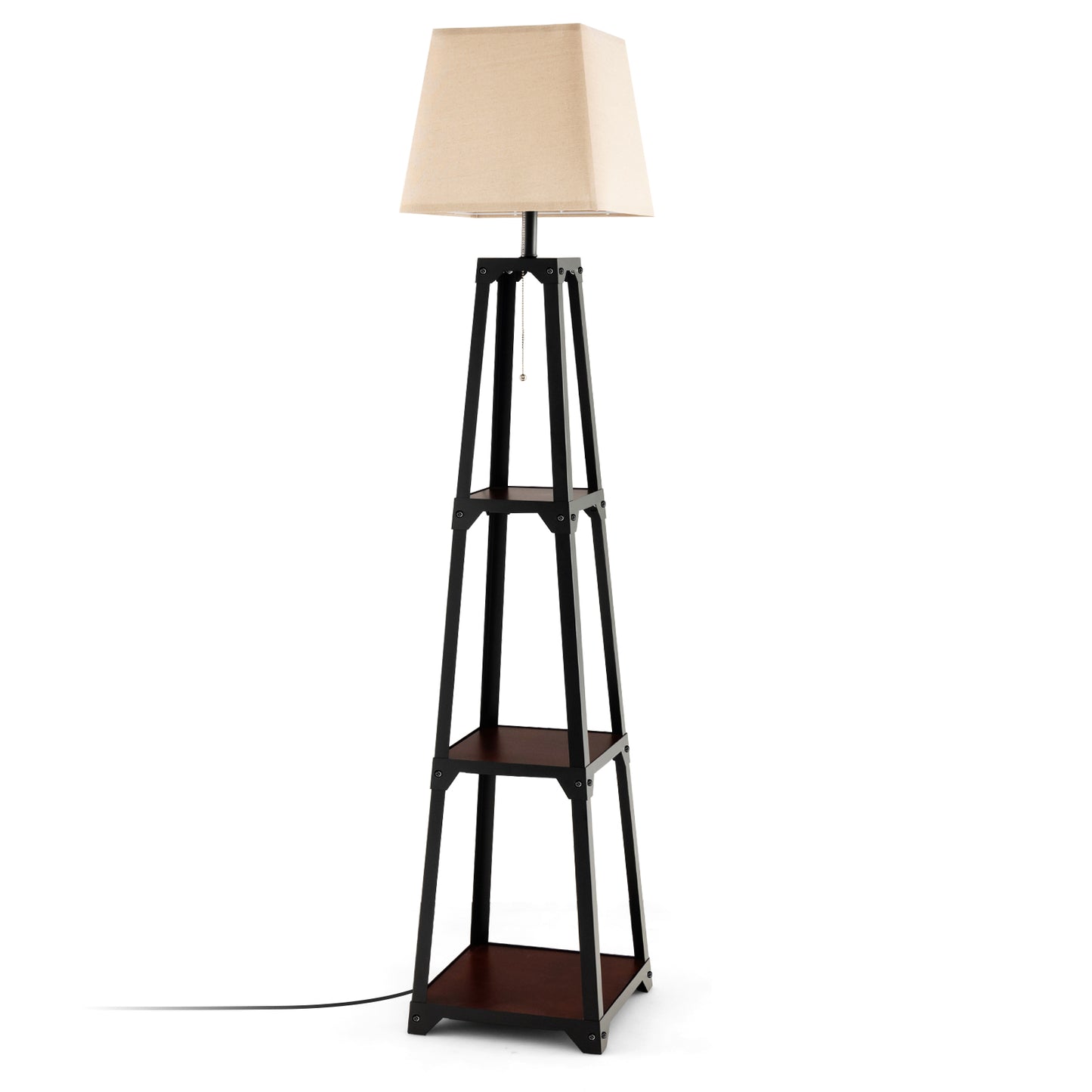 Trapezoidal Floor Lamp with 3 Tier Storage Shelves and Linen Shade