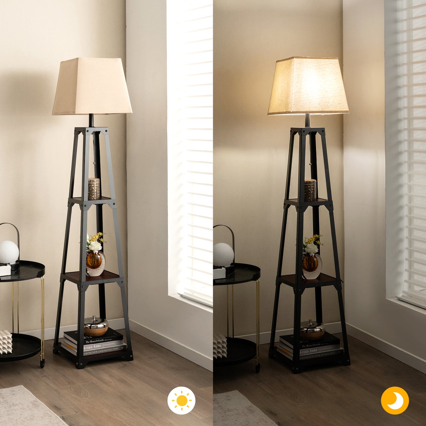 Trapezoidal Floor Lamp with 3 Tier Storage Shelves and Linen Shade