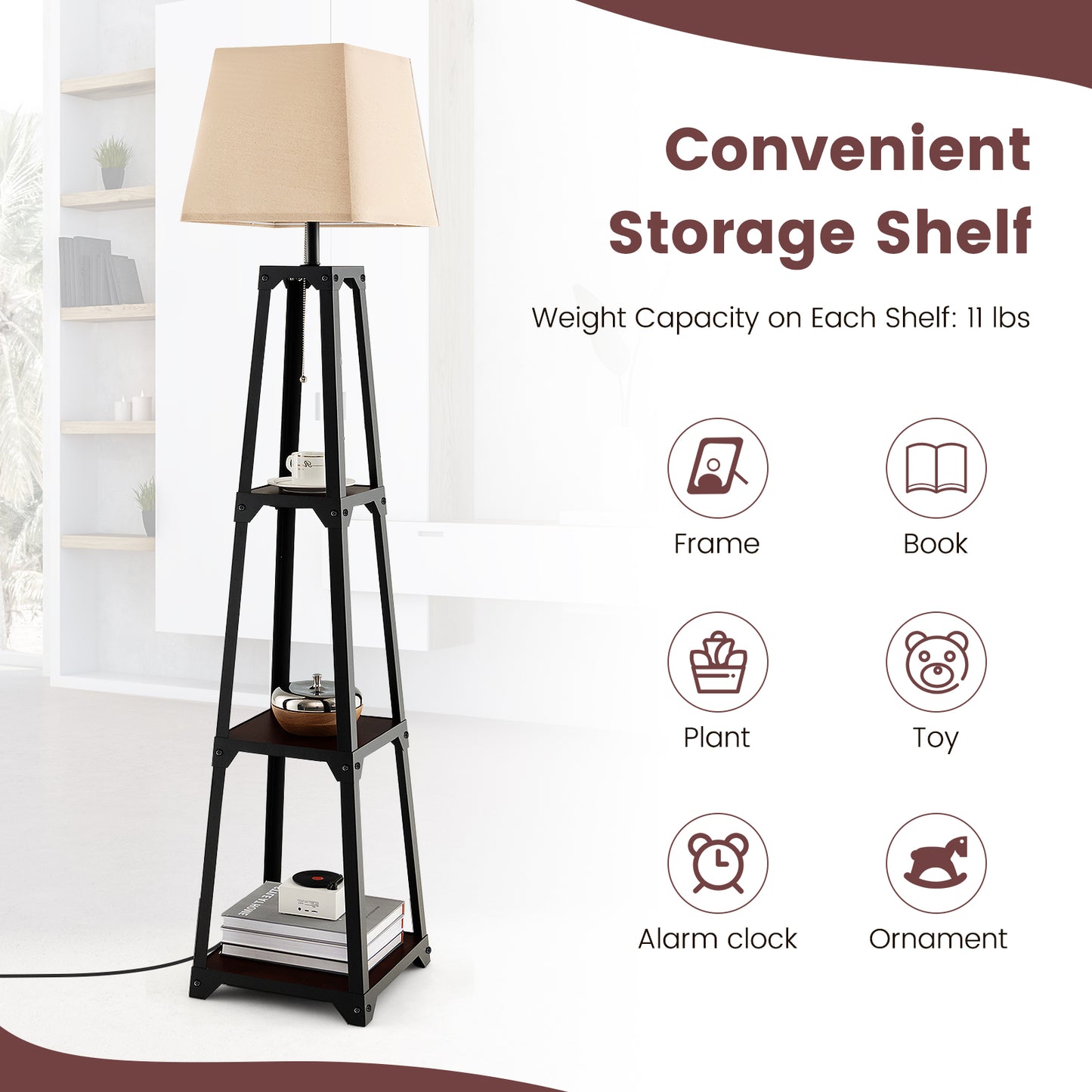 Trapezoidal Floor Lamp with 3 Tier Storage Shelves and Linen Shade