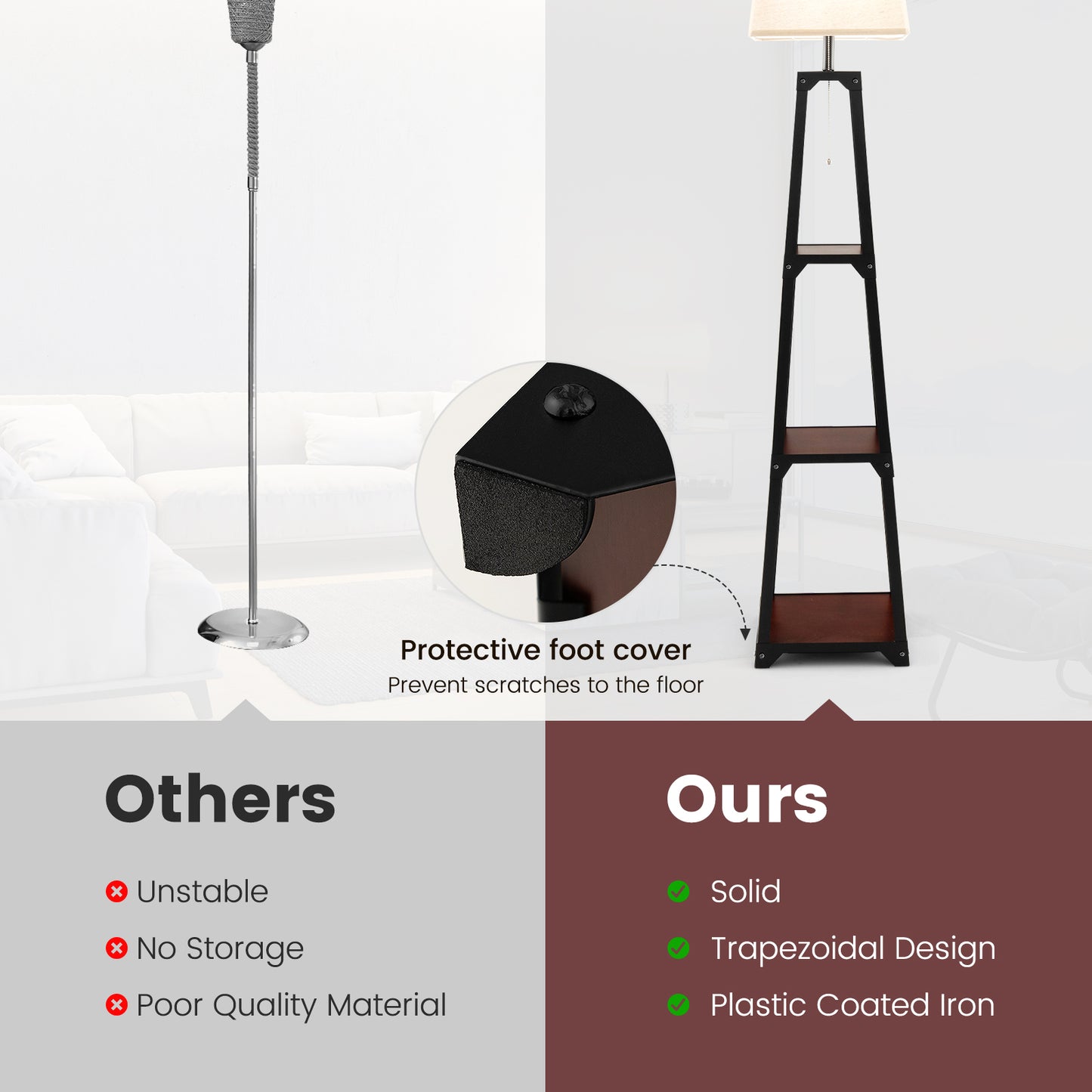 Trapezoidal Floor Lamp with 3 Tier Storage Shelves and Linen Shade