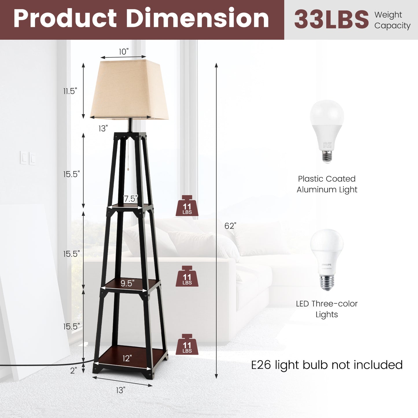 Trapezoidal Floor Lamp with 3 Tier Storage Shelves and Linen Shade