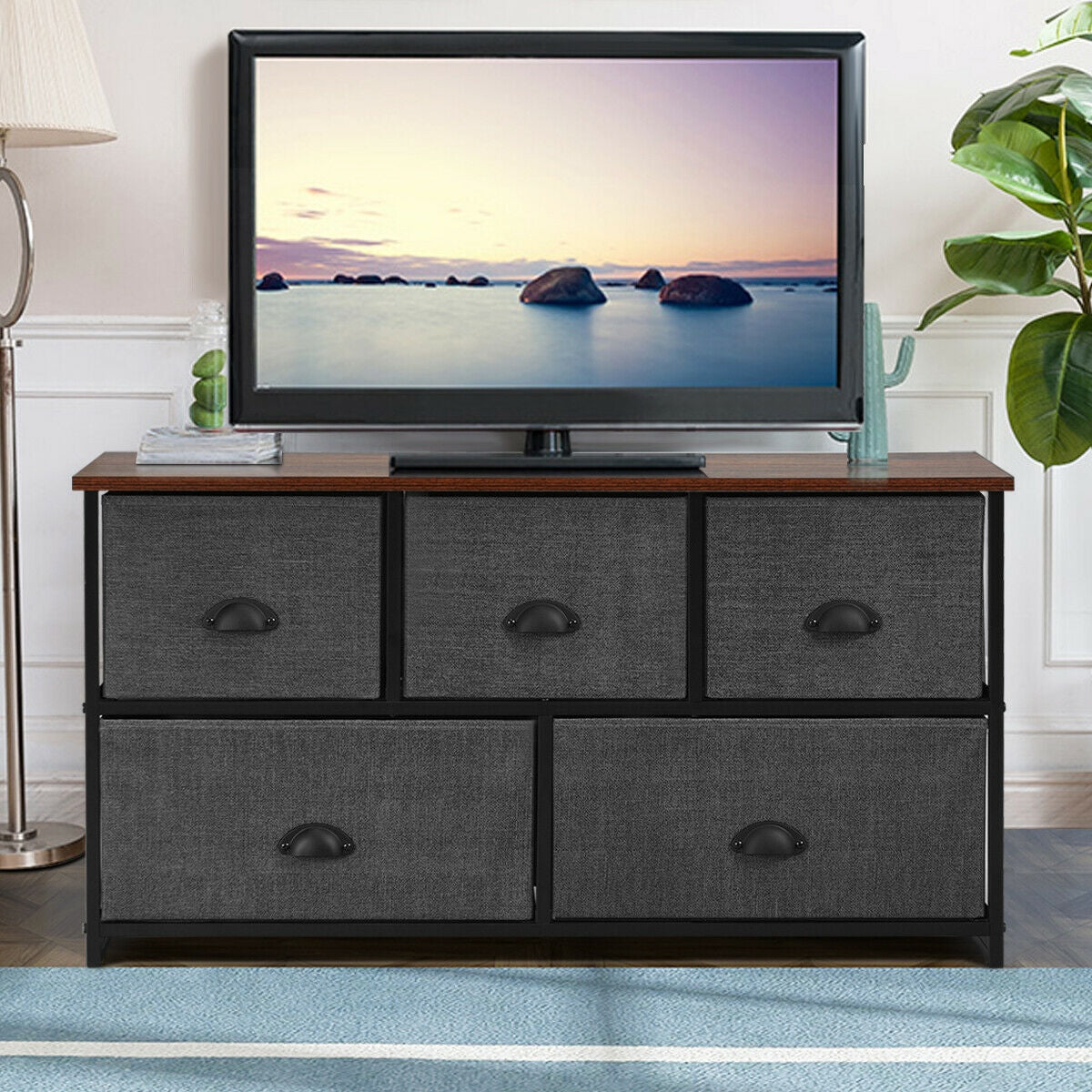 Modern Wood Storage Dresser with Fabric Drawers, Compact Organizer Cabinet – Grey