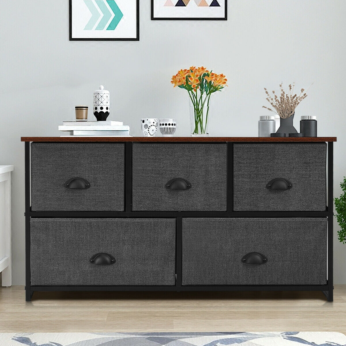 Modern Wood Storage Dresser with Fabric Drawers, Compact Organizer Cabinet – Grey