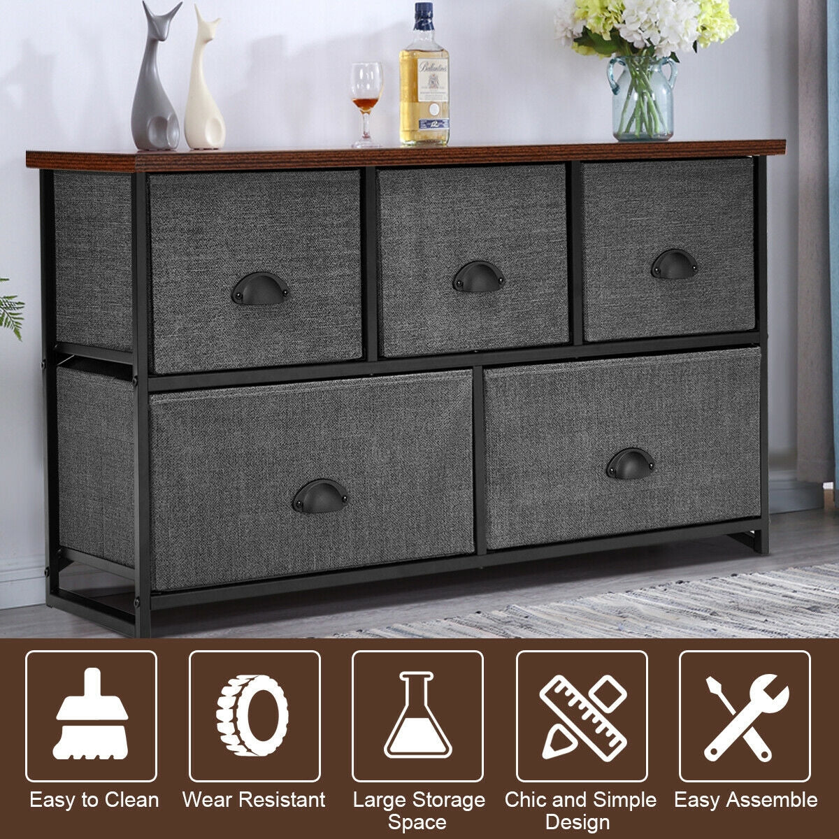 Modern Wood Storage Dresser with Fabric Drawers, Compact Organizer Cabinet – Grey