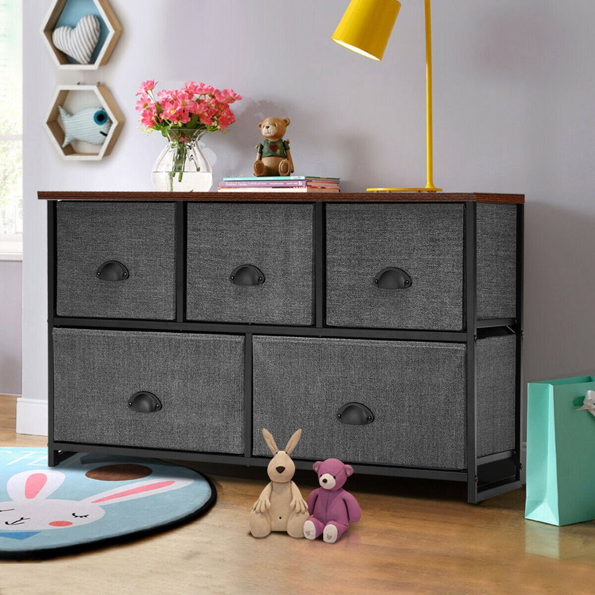 Modern Wood Storage Dresser with Fabric Drawers, Compact Organizer Cabinet – Grey