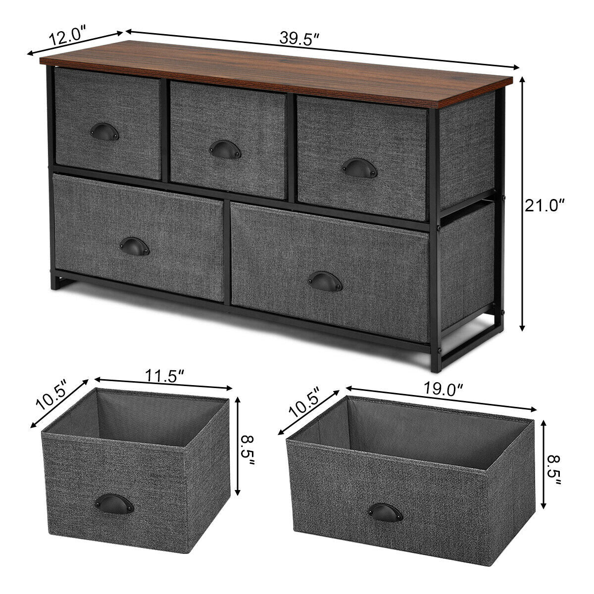 Modern Wood Storage Dresser with Fabric Drawers, Compact Organizer Cabinet – Grey