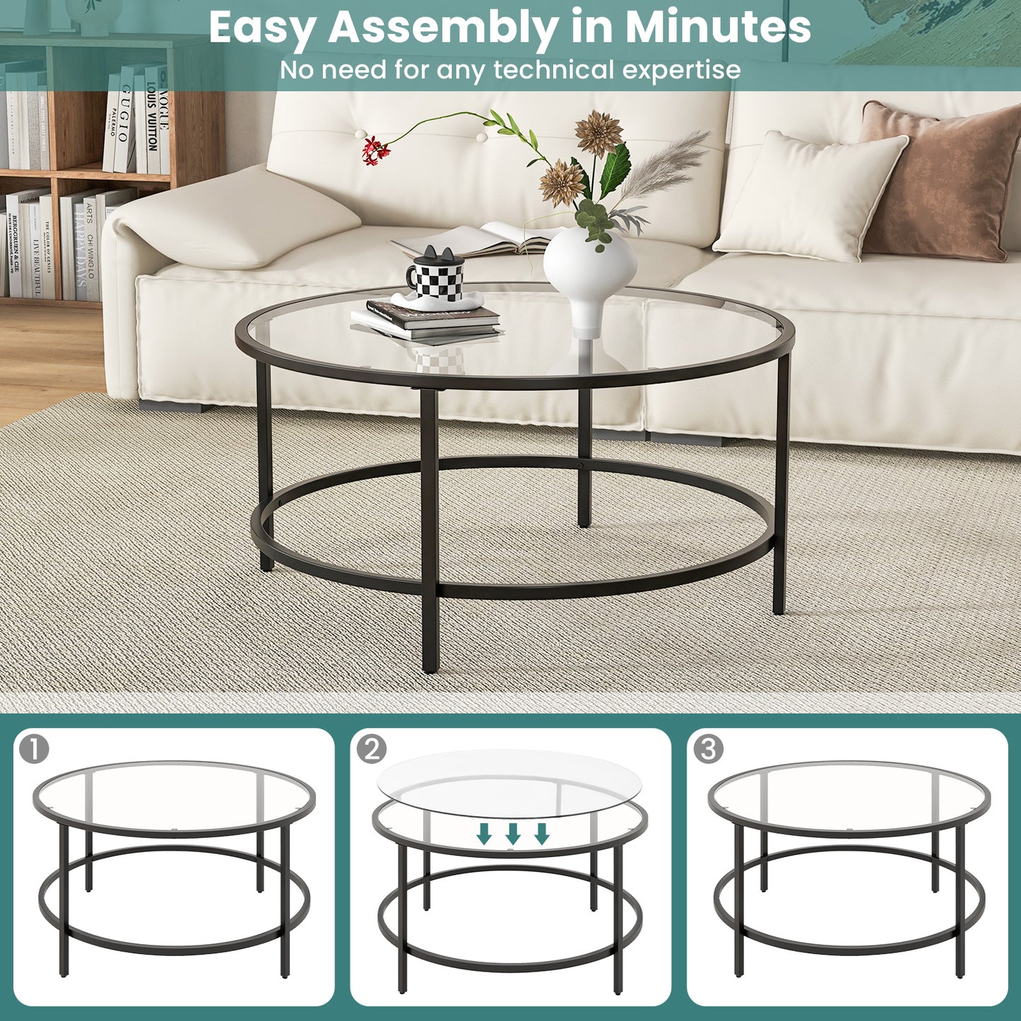 Modern 36 Inch Round Glass Coffee Table with Black Metal Frame and Tempered Glass Top