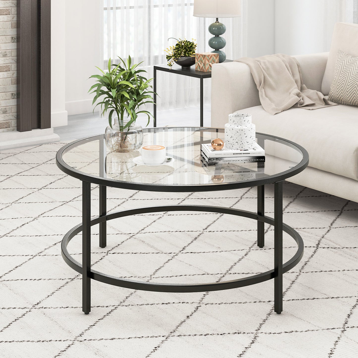 Modern 36 Inch Round Glass Coffee Table with Black Metal Frame and Tempered Glass Top
