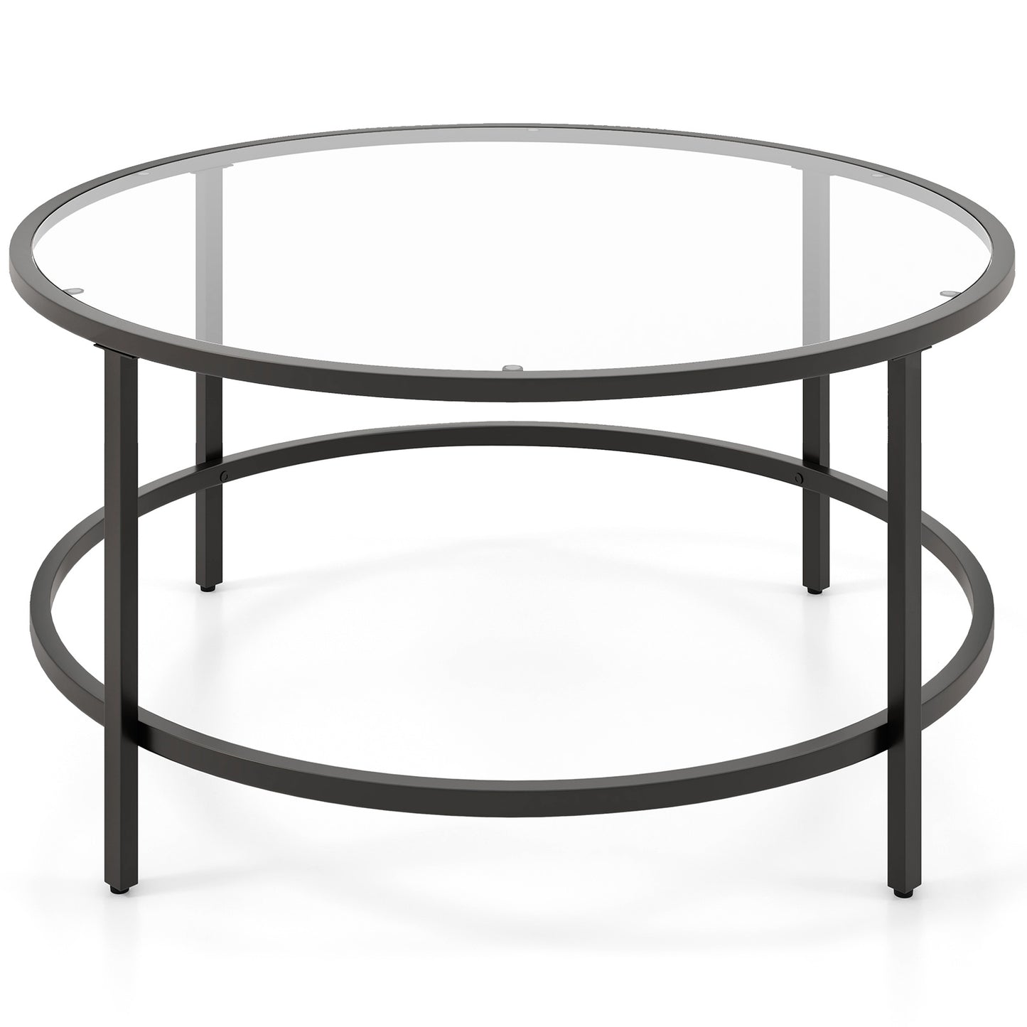 Modern 36 Inch Round Glass Coffee Table with Black Metal Frame and Tempered Glass Top