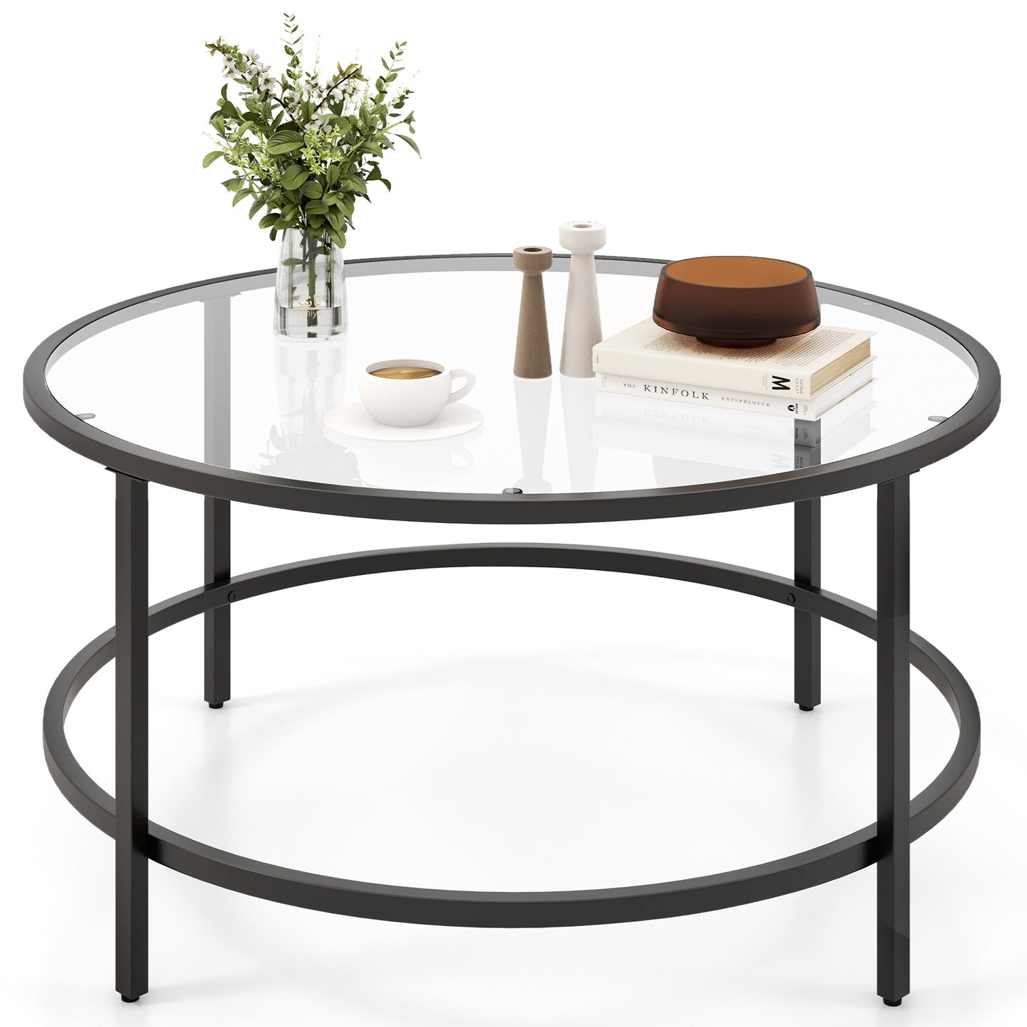 Modern 36 Inch Round Glass Coffee Table with Black Metal Frame and Tempered Glass Top
