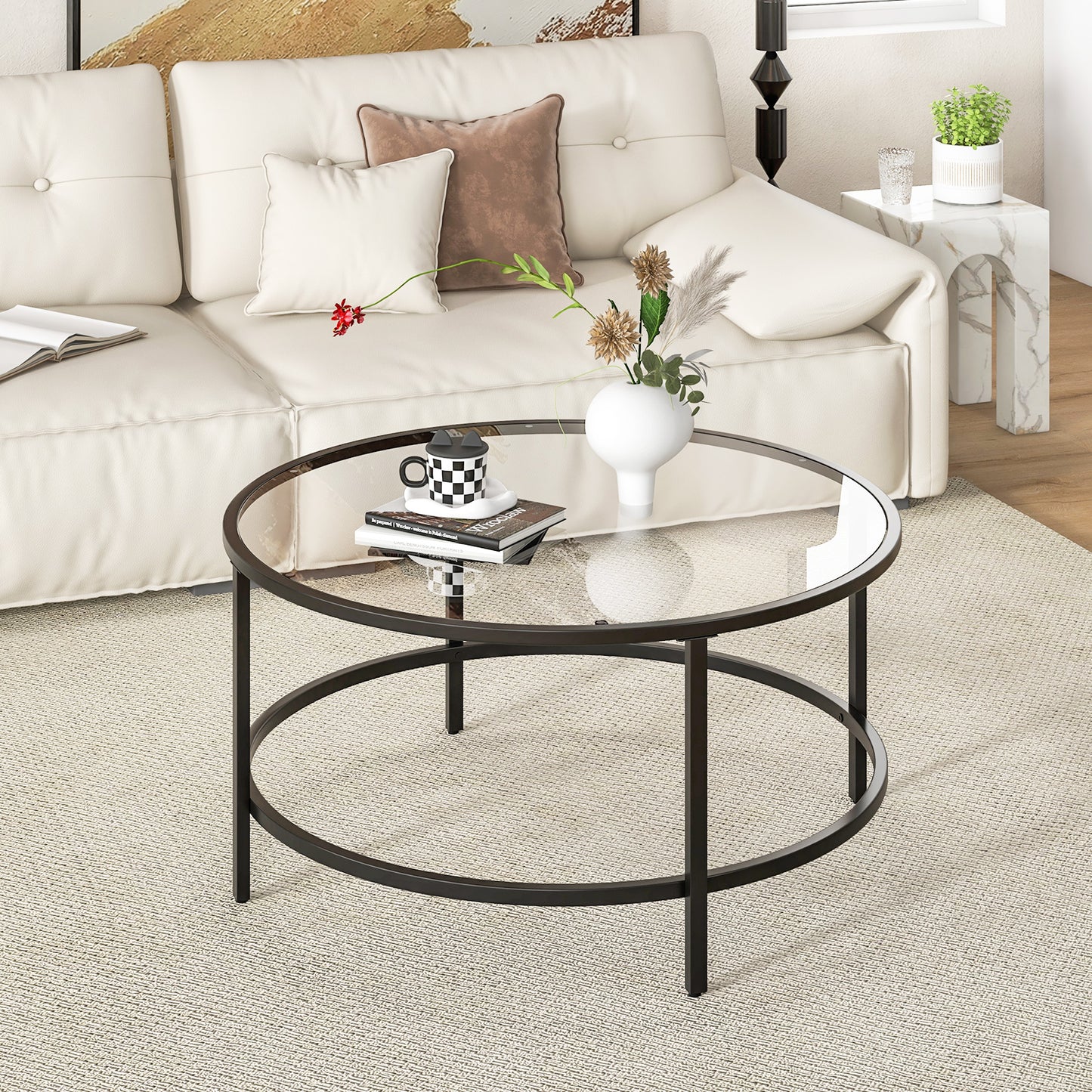 Modern 36 Inch Round Glass Coffee Table with Black Metal Frame and Tempered Glass Top