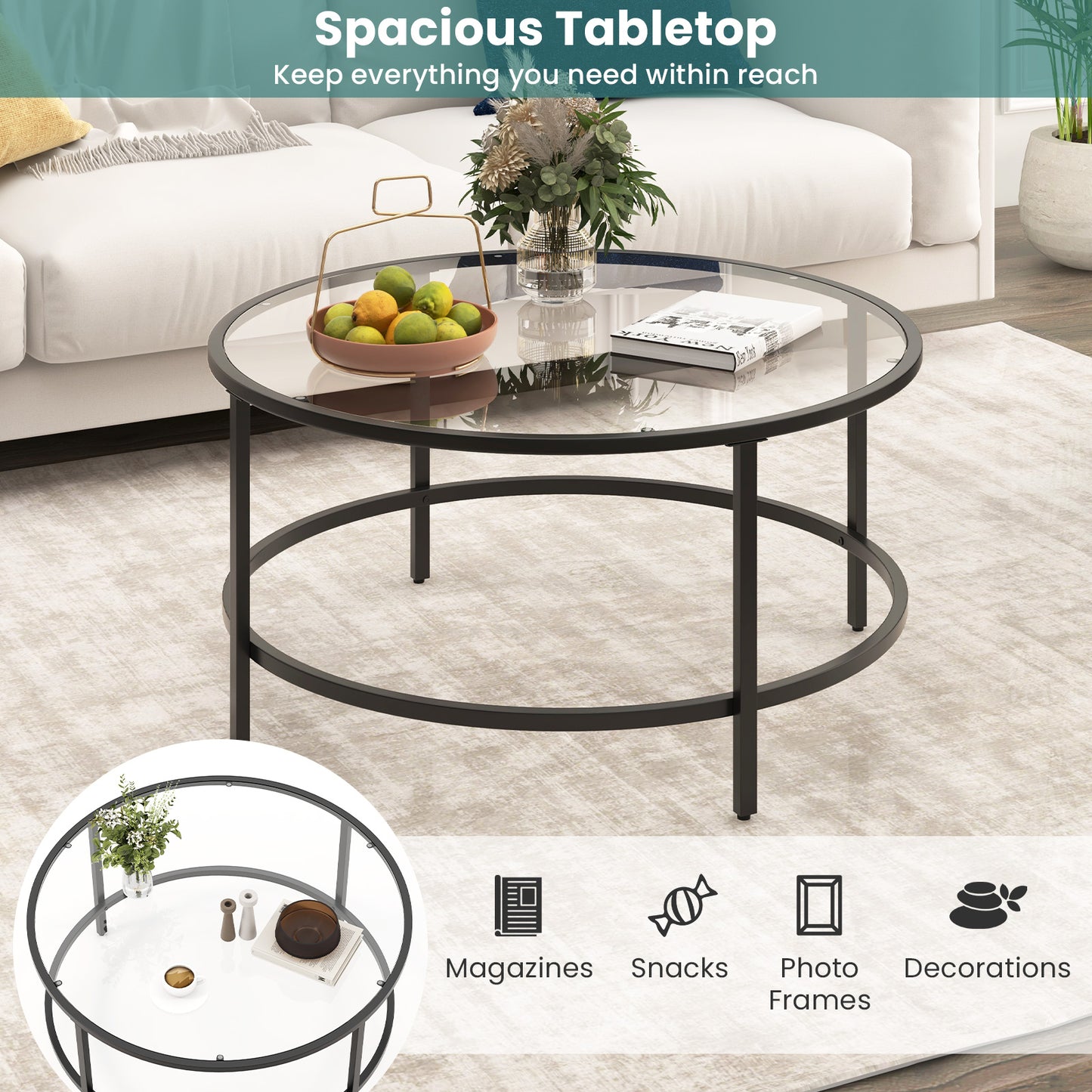 Modern 36 Inch Round Glass Coffee Table with Black Metal Frame and Tempered Glass Top