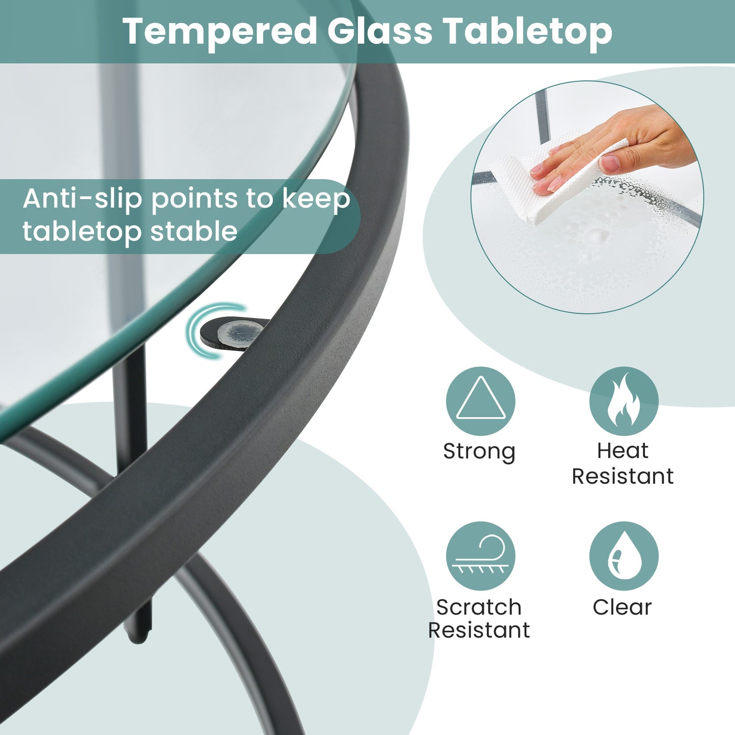 Modern 36 Inch Round Glass Coffee Table with Black Metal Frame and Tempered Glass Top