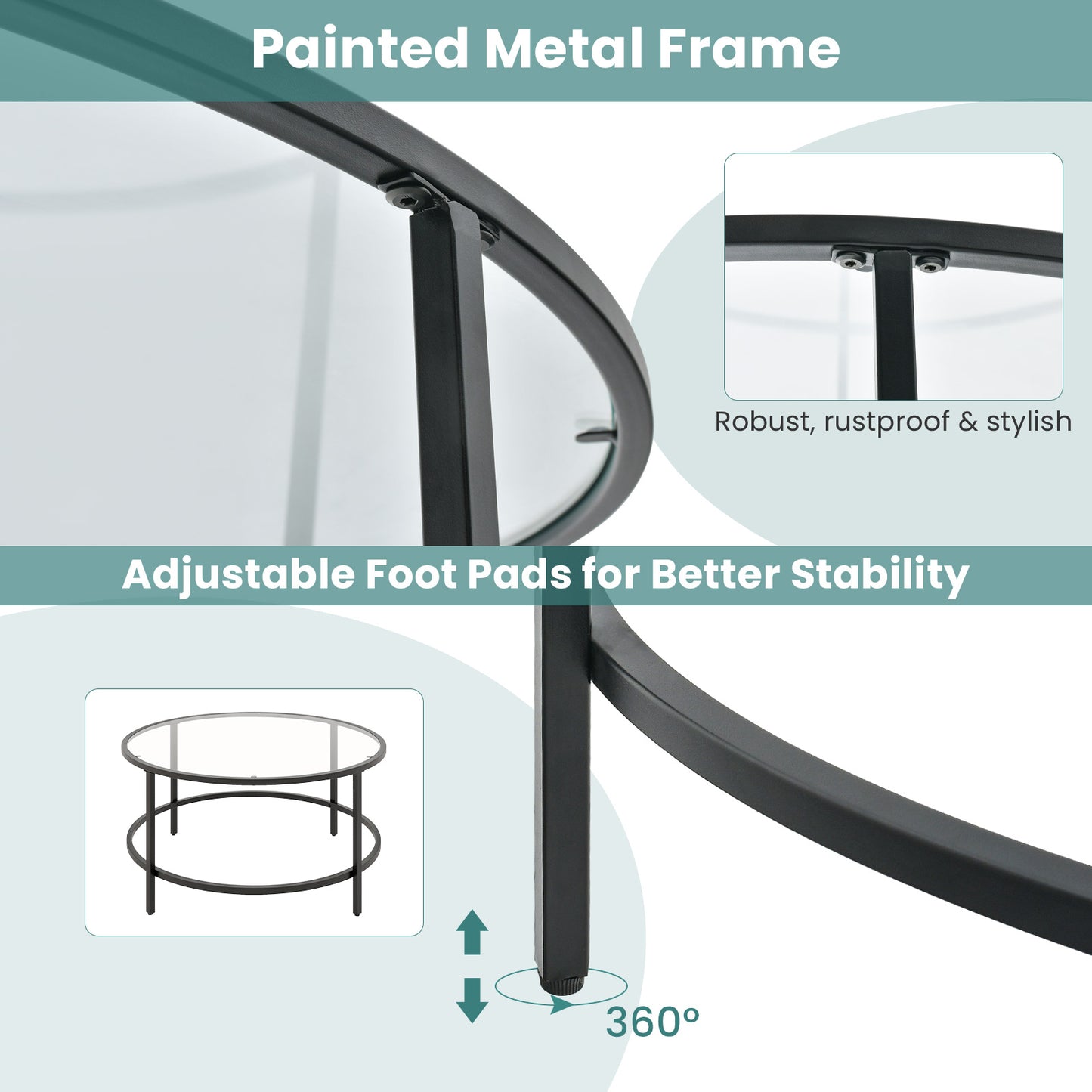 Modern 36 Inch Round Glass Coffee Table with Black Metal Frame and Tempered Glass Top