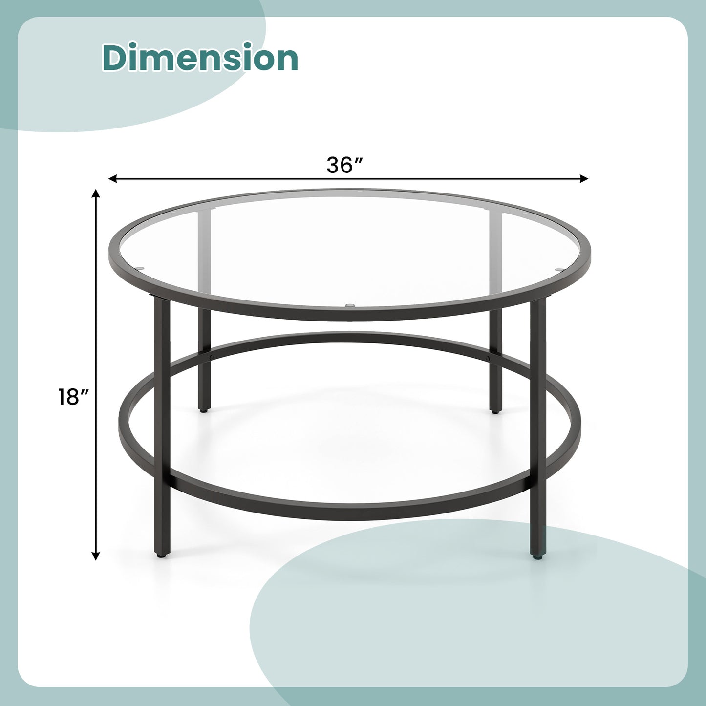 Modern 36 Inch Round Glass Coffee Table with Black Metal Frame and Tempered Glass Top