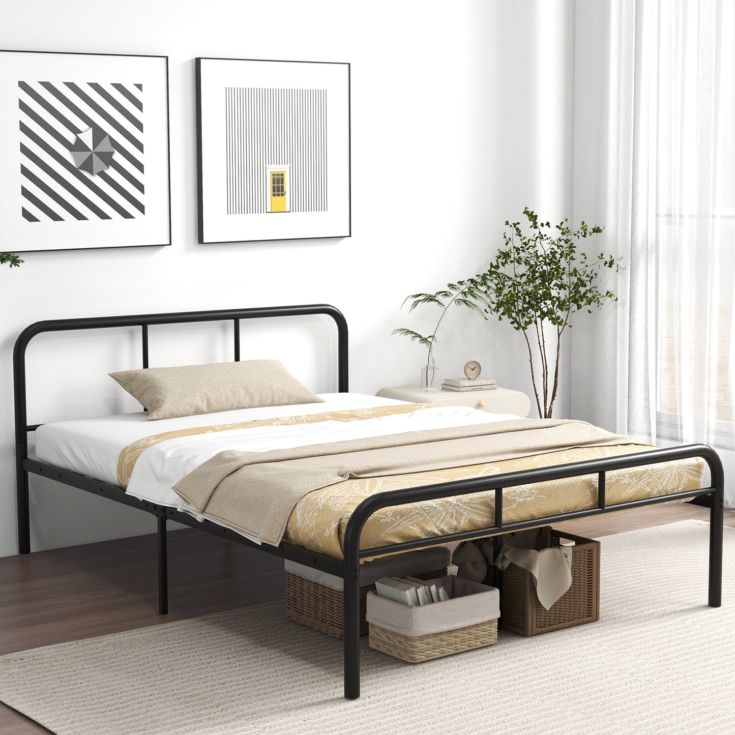 Sleek Black Full Metal Platform Bed with Headboard and Footboard – No Box Spring Needed