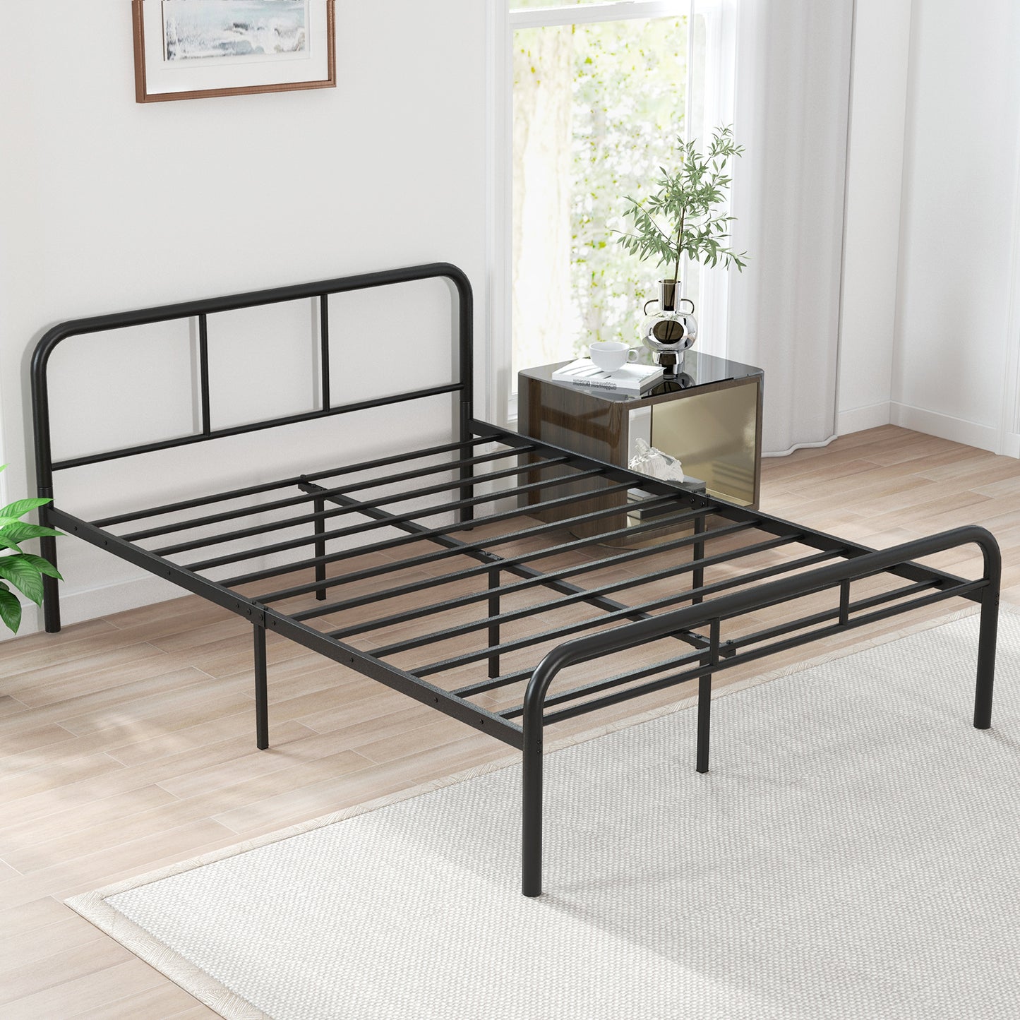 Sleek Black Full Metal Platform Bed with Headboard and Footboard – No Box Spring Needed