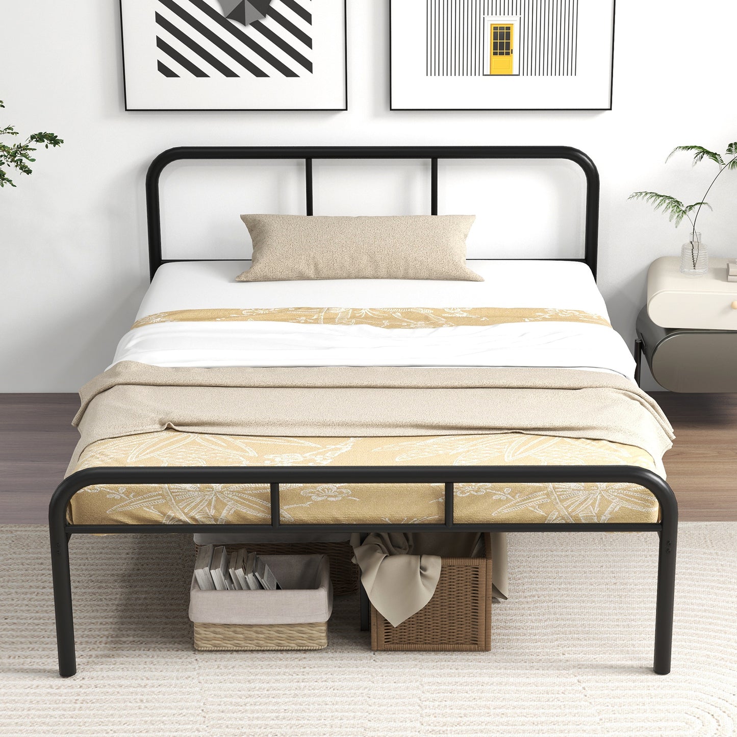 Sleek Black Full Metal Platform Bed with Headboard and Footboard – No Box Spring Needed