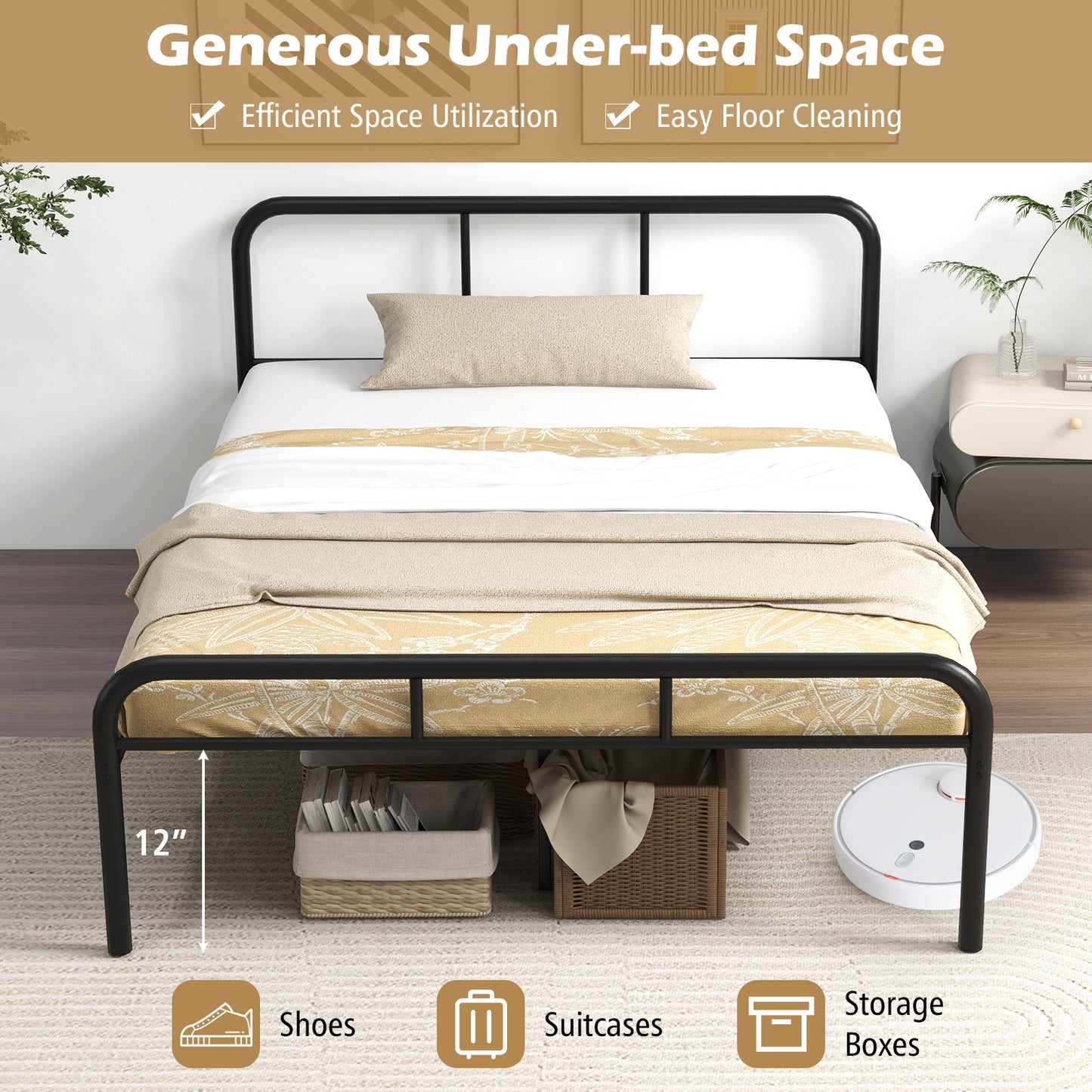 Sleek Black Full Metal Platform Bed with Headboard and Footboard – No Box Spring Needed