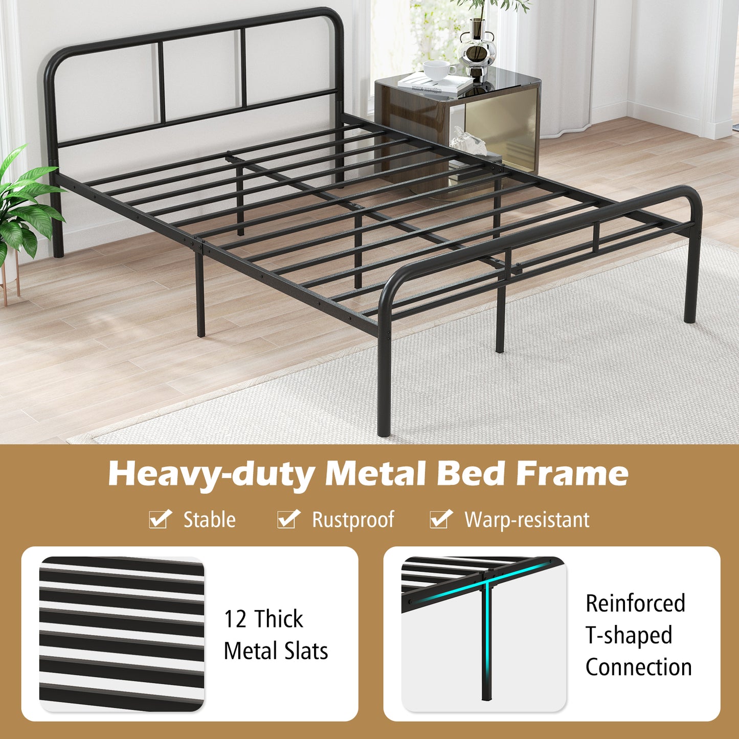 Sleek Black Full Metal Platform Bed with Headboard and Footboard – No Box Spring Needed