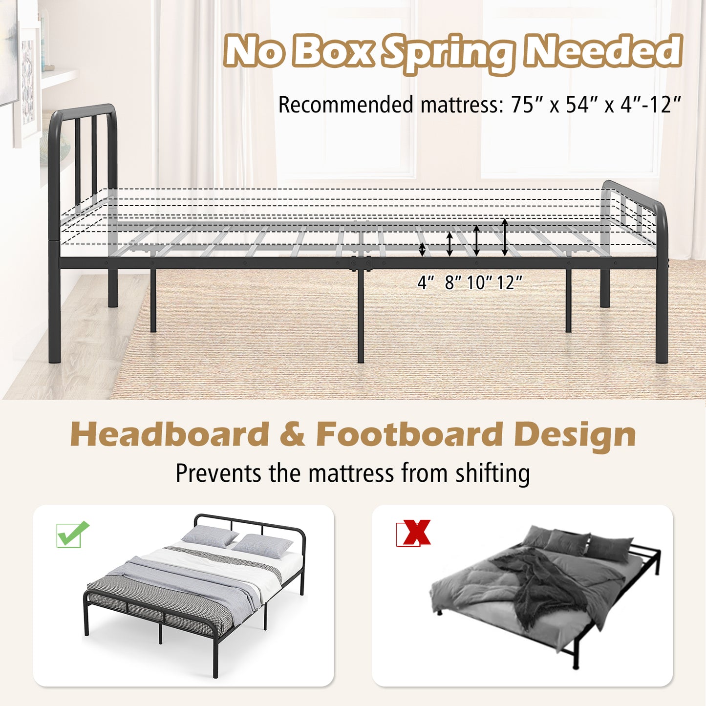 Sleek Black Full Metal Platform Bed with Headboard and Footboard – No Box Spring Needed
