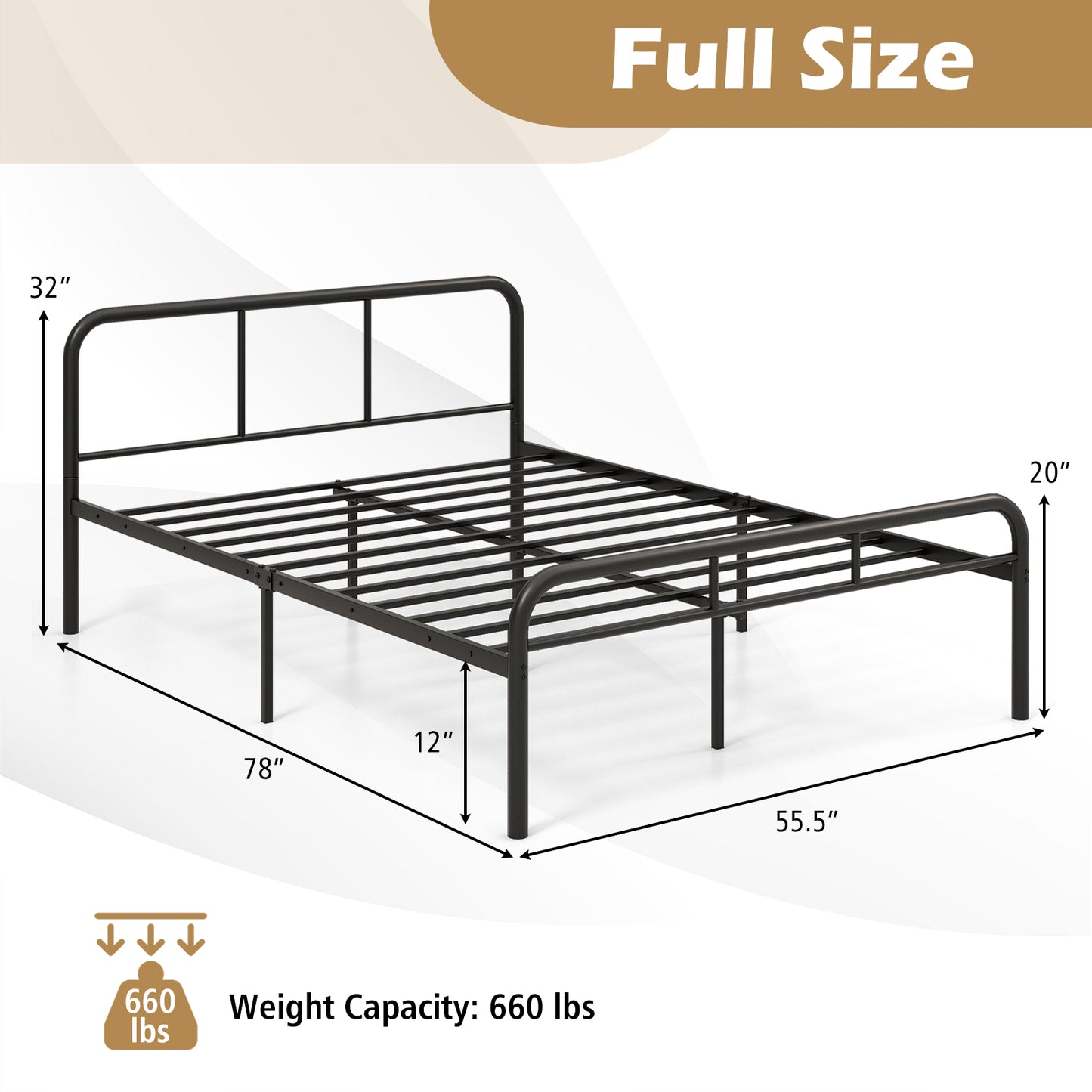 Sleek Black Full Metal Platform Bed with Headboard and Footboard – No Box Spring Needed