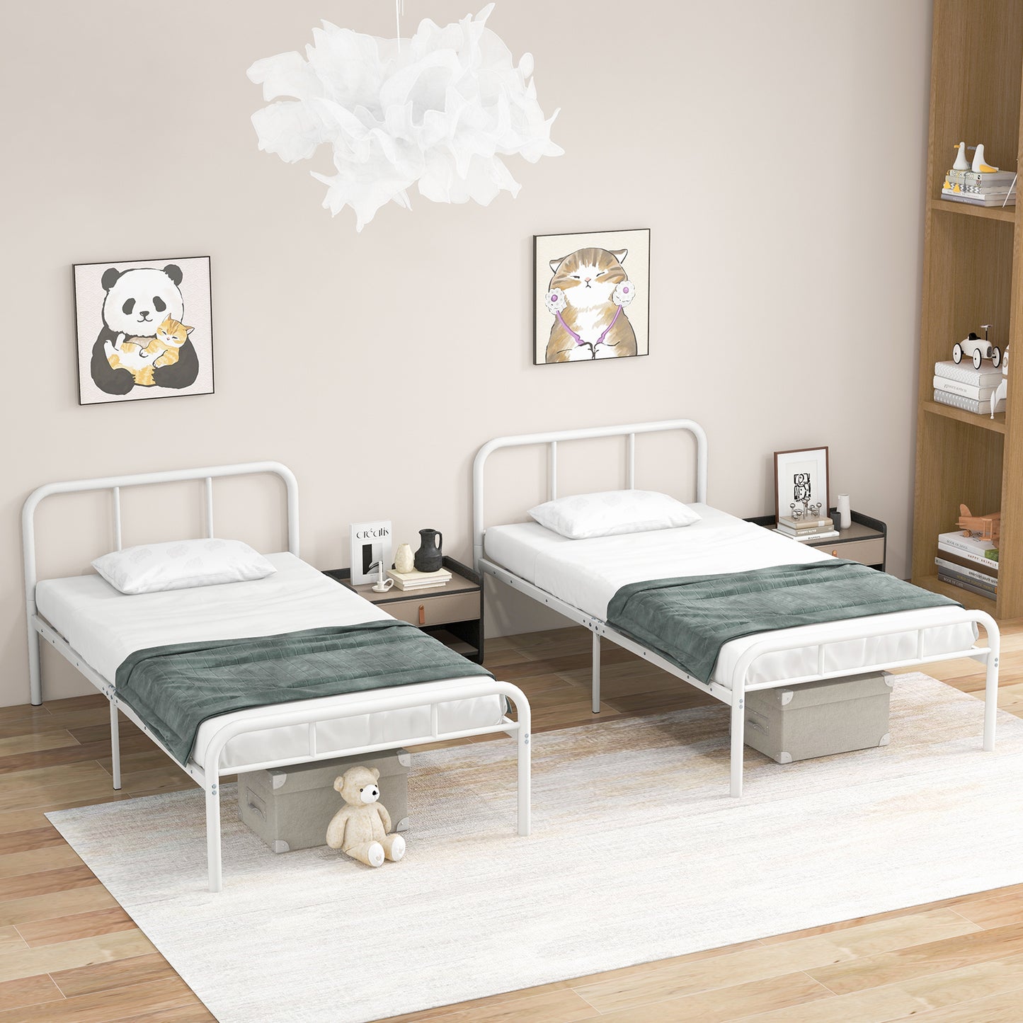 Modern Metal Platform Bed Frame with Headboard and Footboard - Twin Size, White