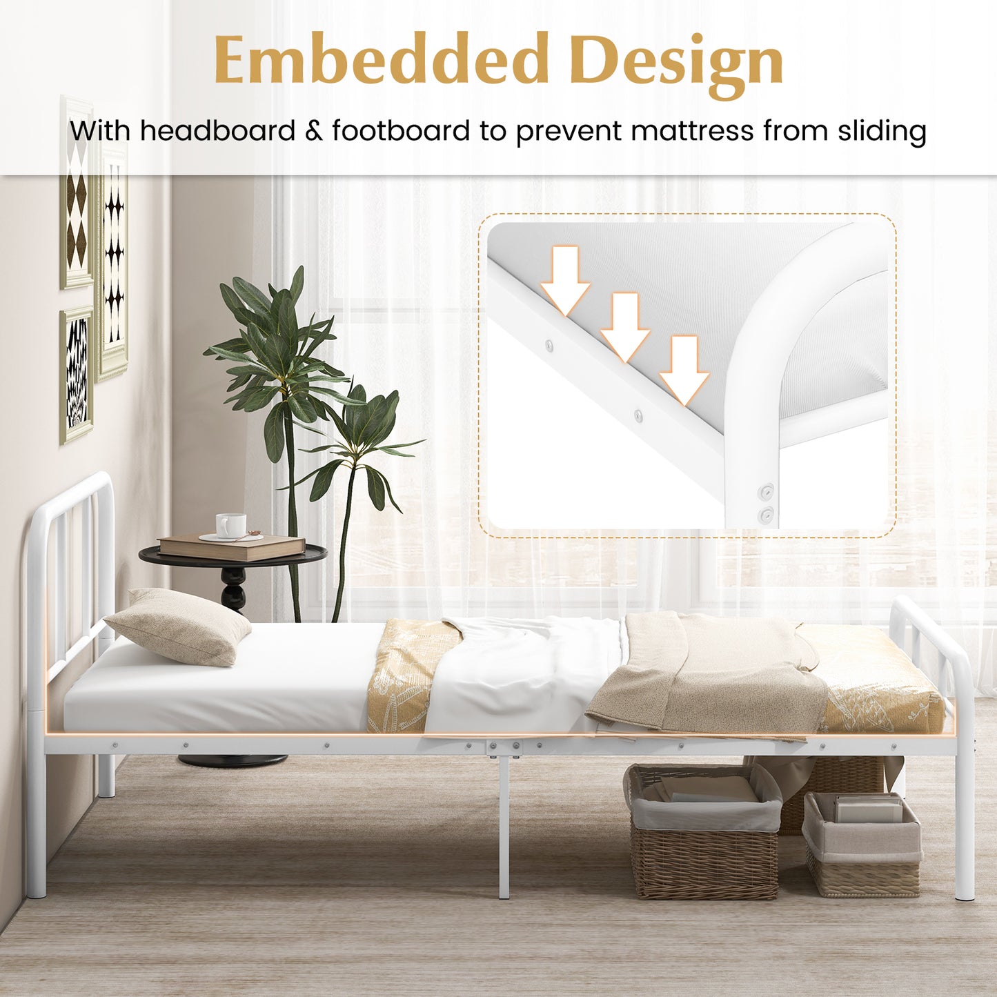 Modern Metal Platform Bed Frame with Headboard and Footboard - Twin Size, White