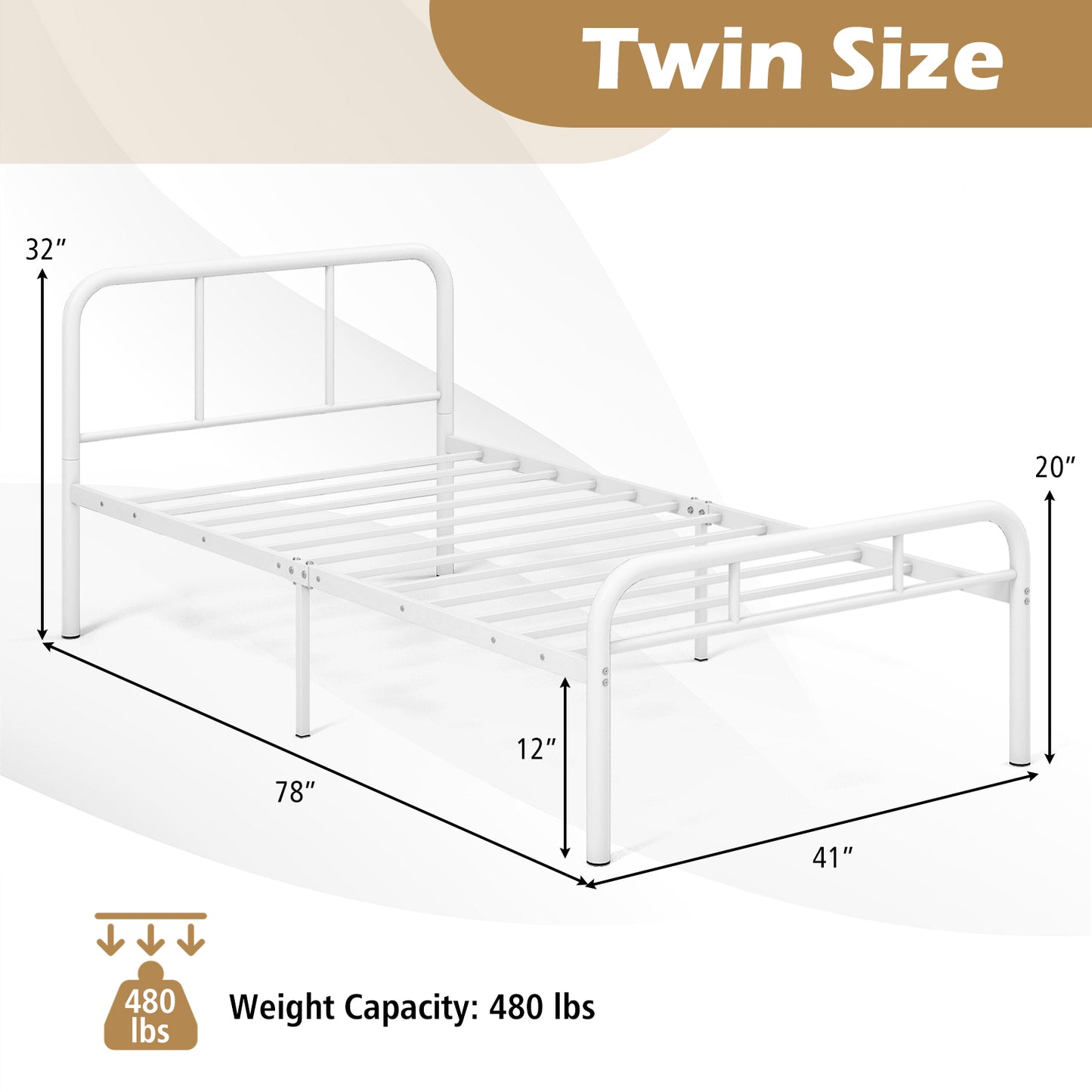 Modern Metal Platform Bed Frame with Headboard and Footboard - Twin Size, White