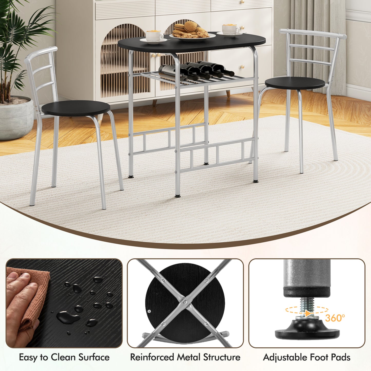 Modern 3 Piece Dining Set with Wine Rack and Two Chairs for Small Kitchen or Apartment - Silver