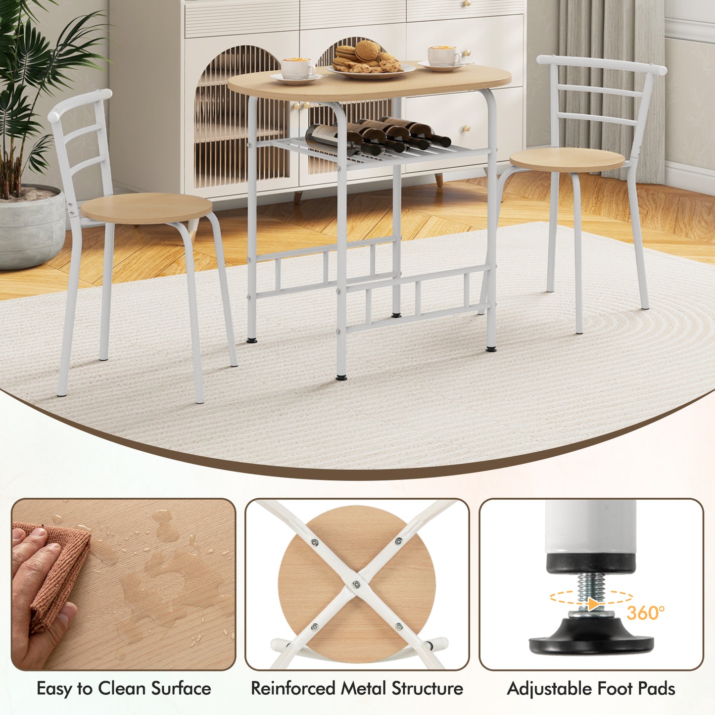 Modern 3 Piece Dining Set with Wine Rack and Two Chairs for Small Kitchen or Apartment - Tan