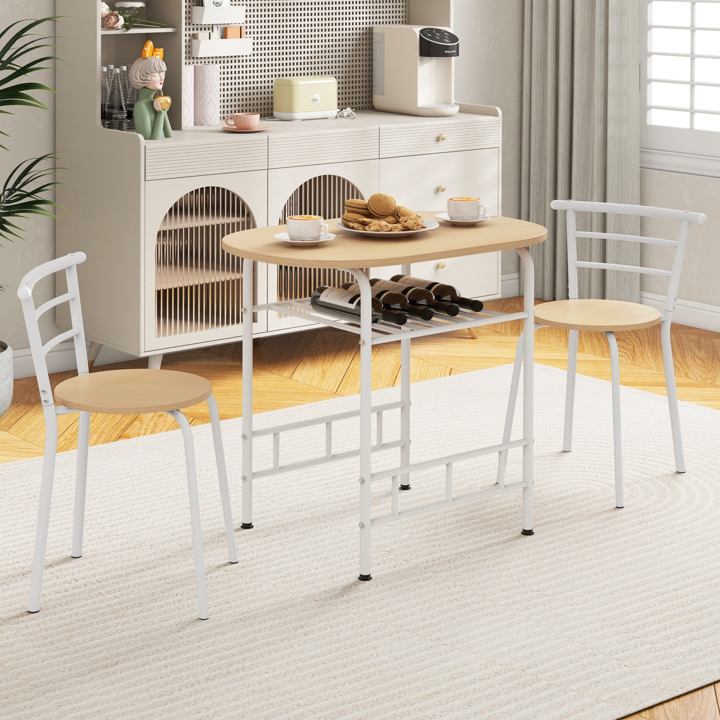 Modern 3 Piece Dining Set with Wine Rack and Two Chairs for Small Kitchen or Apartment - Tan