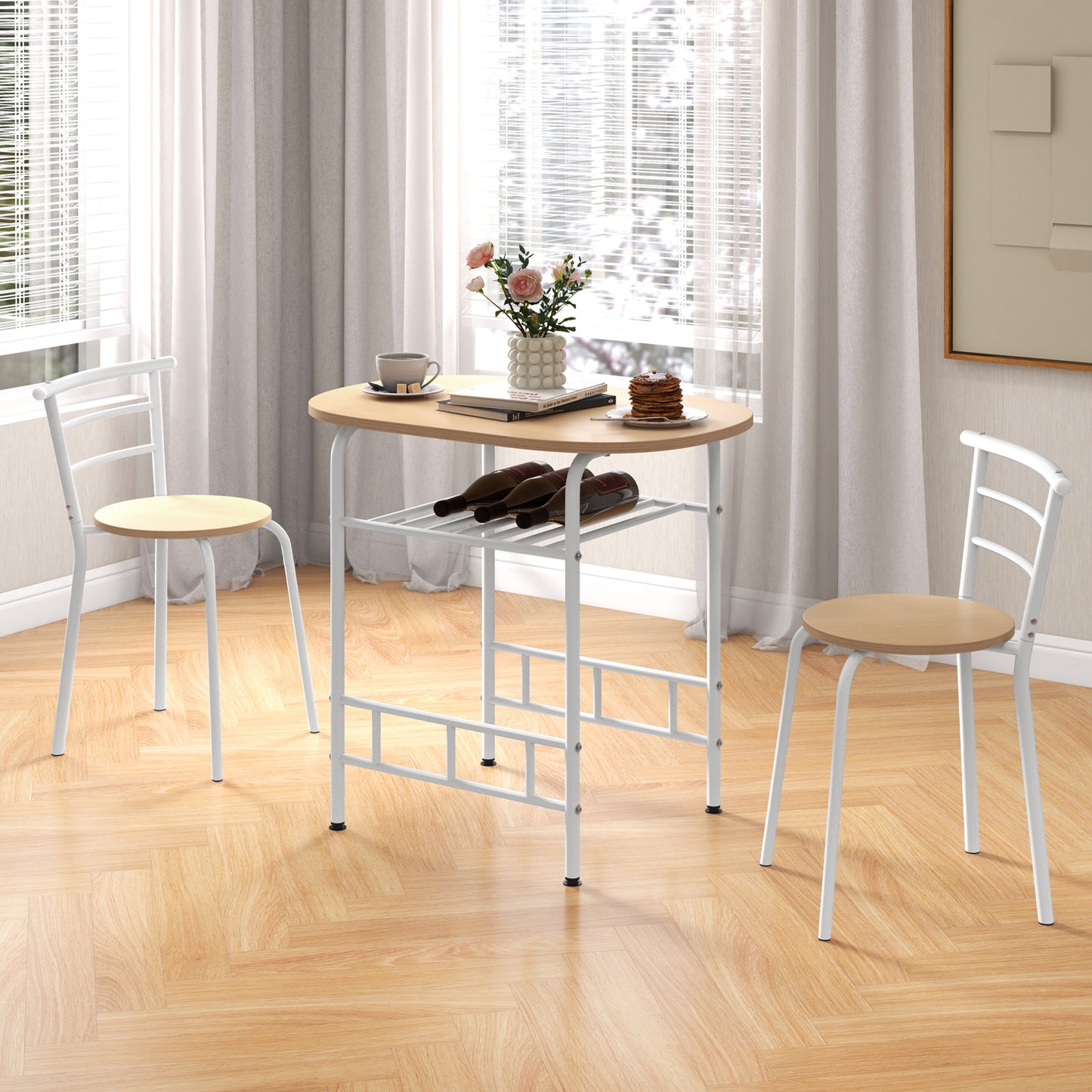 Modern 3 Piece Dining Set with Wine Rack and Two Chairs for Small Kitchen or Apartment - Tan