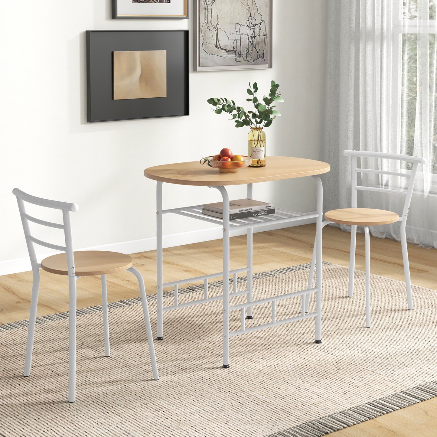 Modern 3 Piece Dining Set with Wine Rack and Two Chairs for Small Kitchen or Apartment - Tan