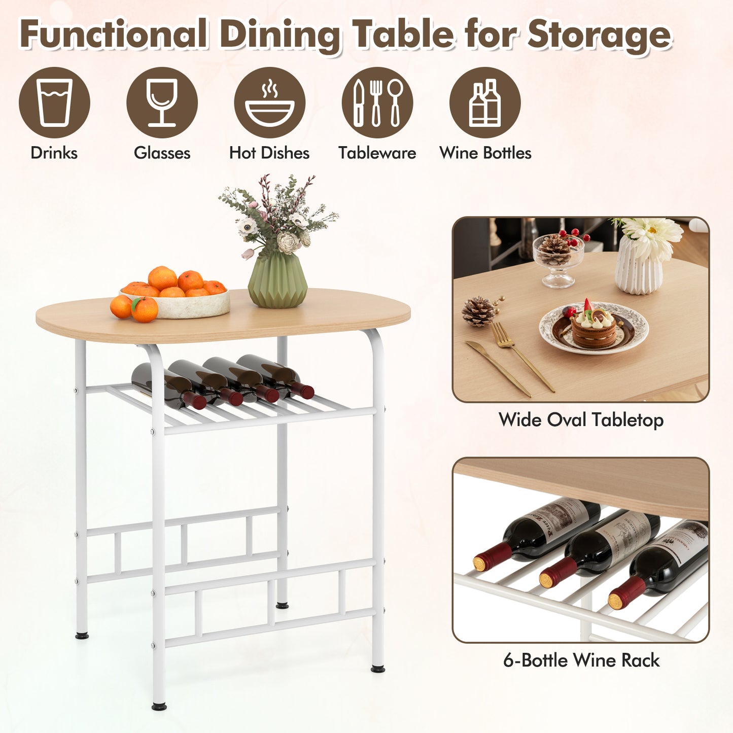 Modern 3 Piece Dining Set with Wine Rack and Two Chairs for Small Kitchen or Apartment - Tan