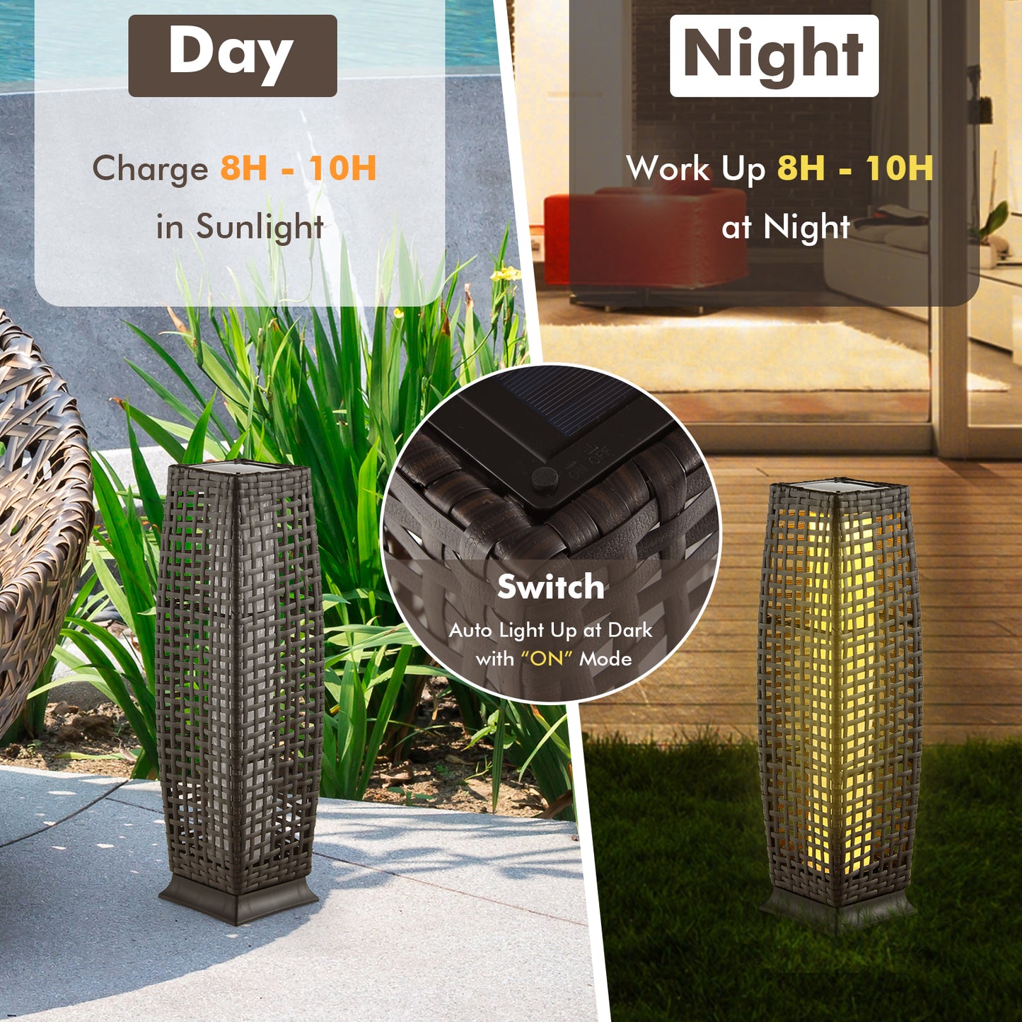 2 Pack Solar-Powered Wicker Floor Lamps with Auto LED Lighting - Brown