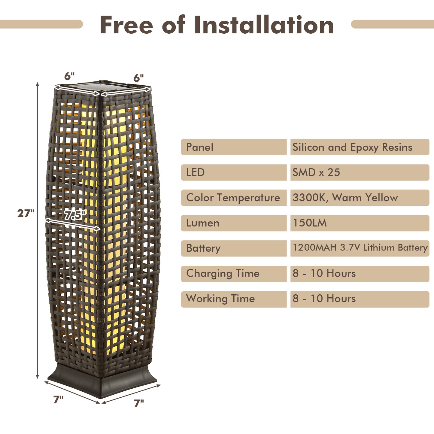 2 Pack Solar-Powered Wicker Floor Lamps with Auto LED Lighting - Brown