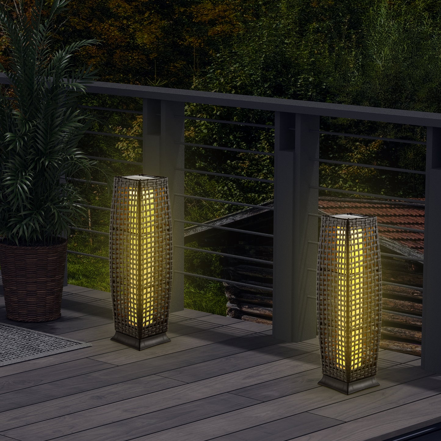 2 Pack Solar-Powered Wicker Floor Lamps with Auto LED Lighting - Black
