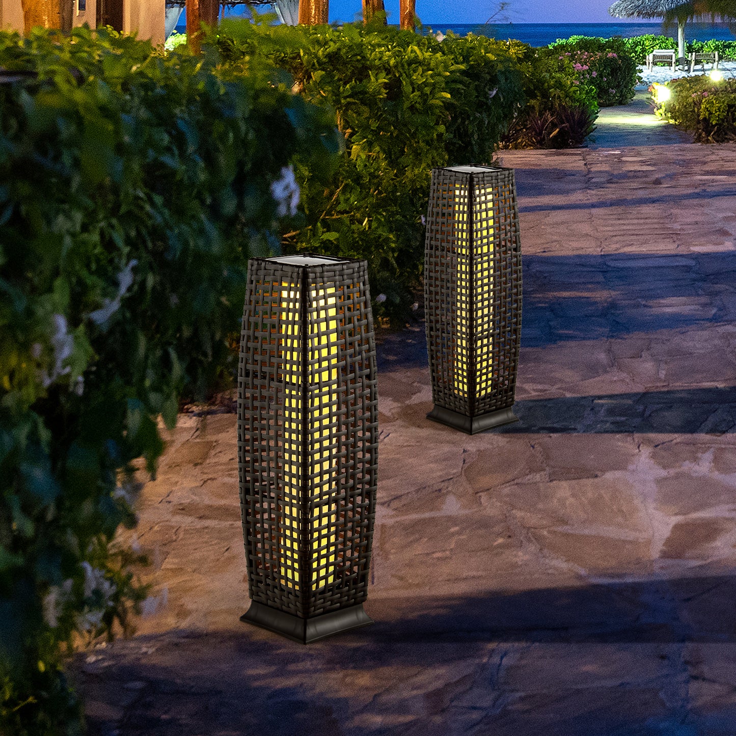 2 Pack Solar-Powered Wicker Floor Lamps with Auto LED Lighting - Black