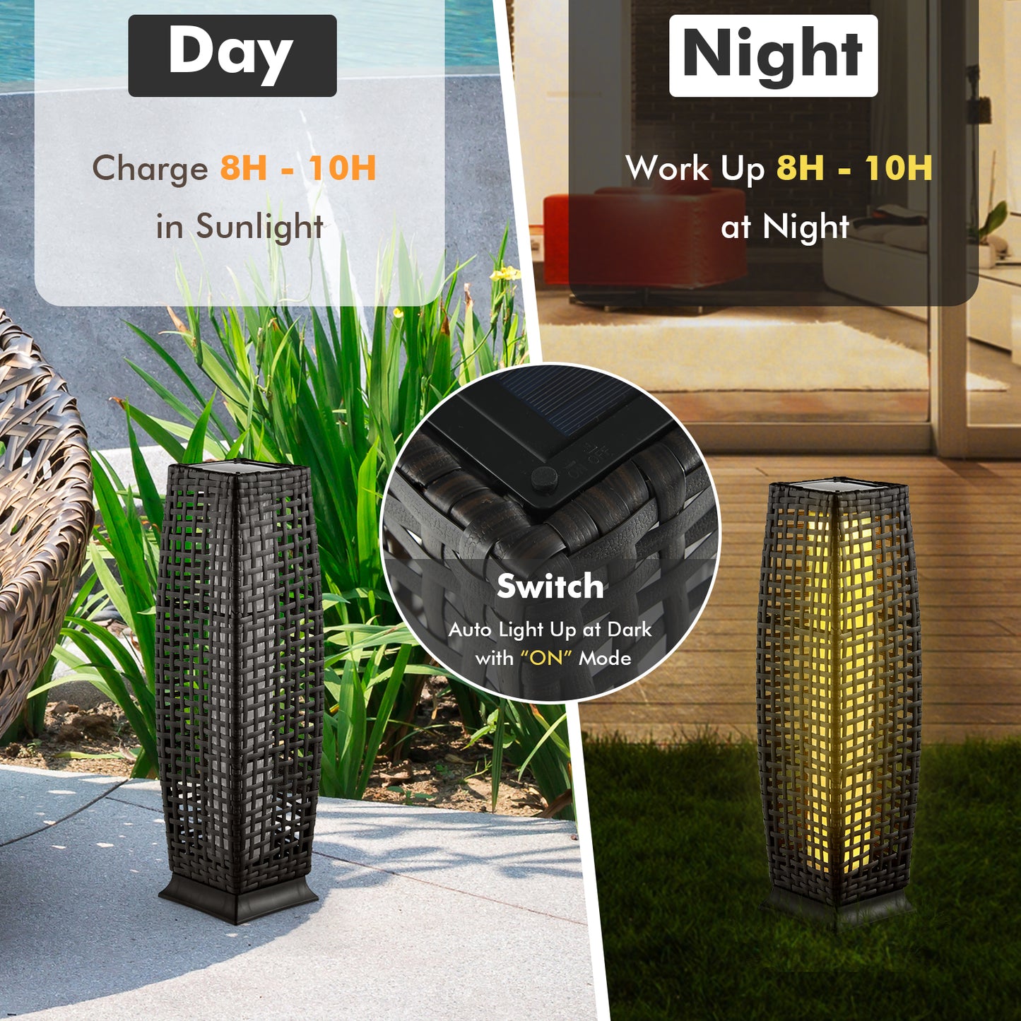 2 Pack Solar-Powered Wicker Floor Lamps with Auto LED Lighting - Black