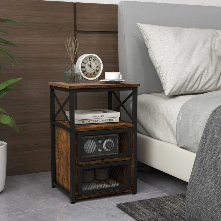 Set of 2 Bedside Tables with Flip Drawer Storage and Open Shelf Modern Industrial Design