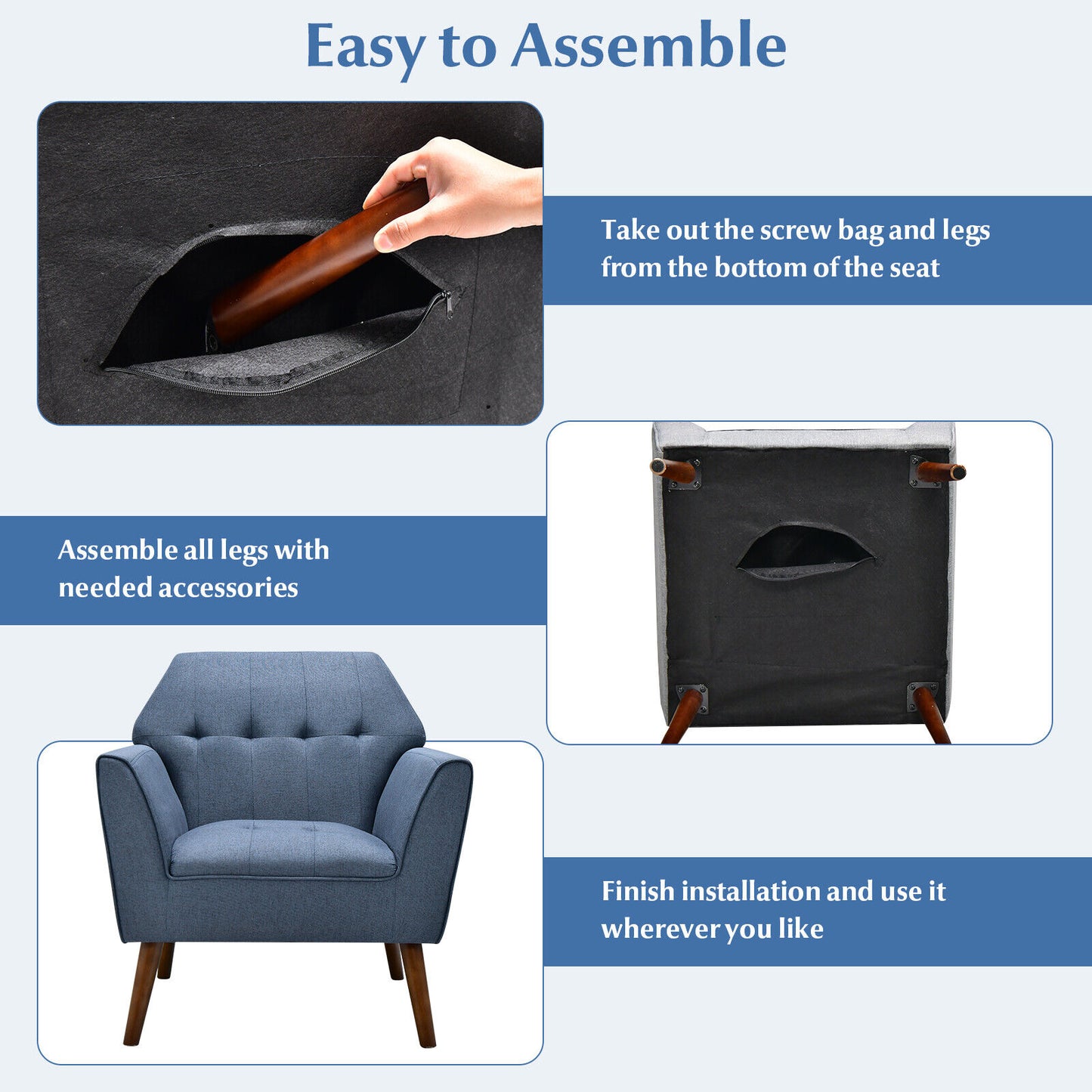 Elegant Tufted Accent Chair with Solid Wood Frame in Blue