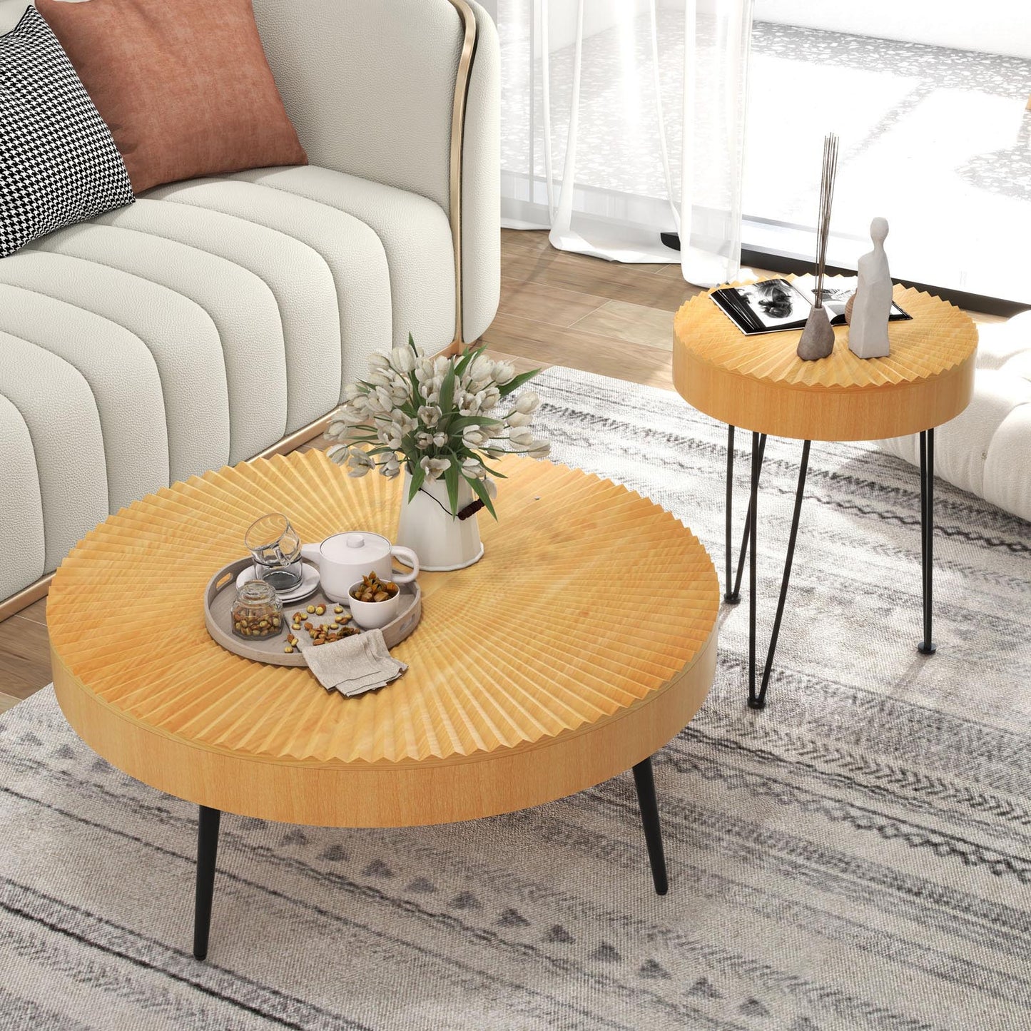 Wooden Coffee Table Set of 2 with Radial Pattern Tops, Metal Legs and Adjustable Foot Pads