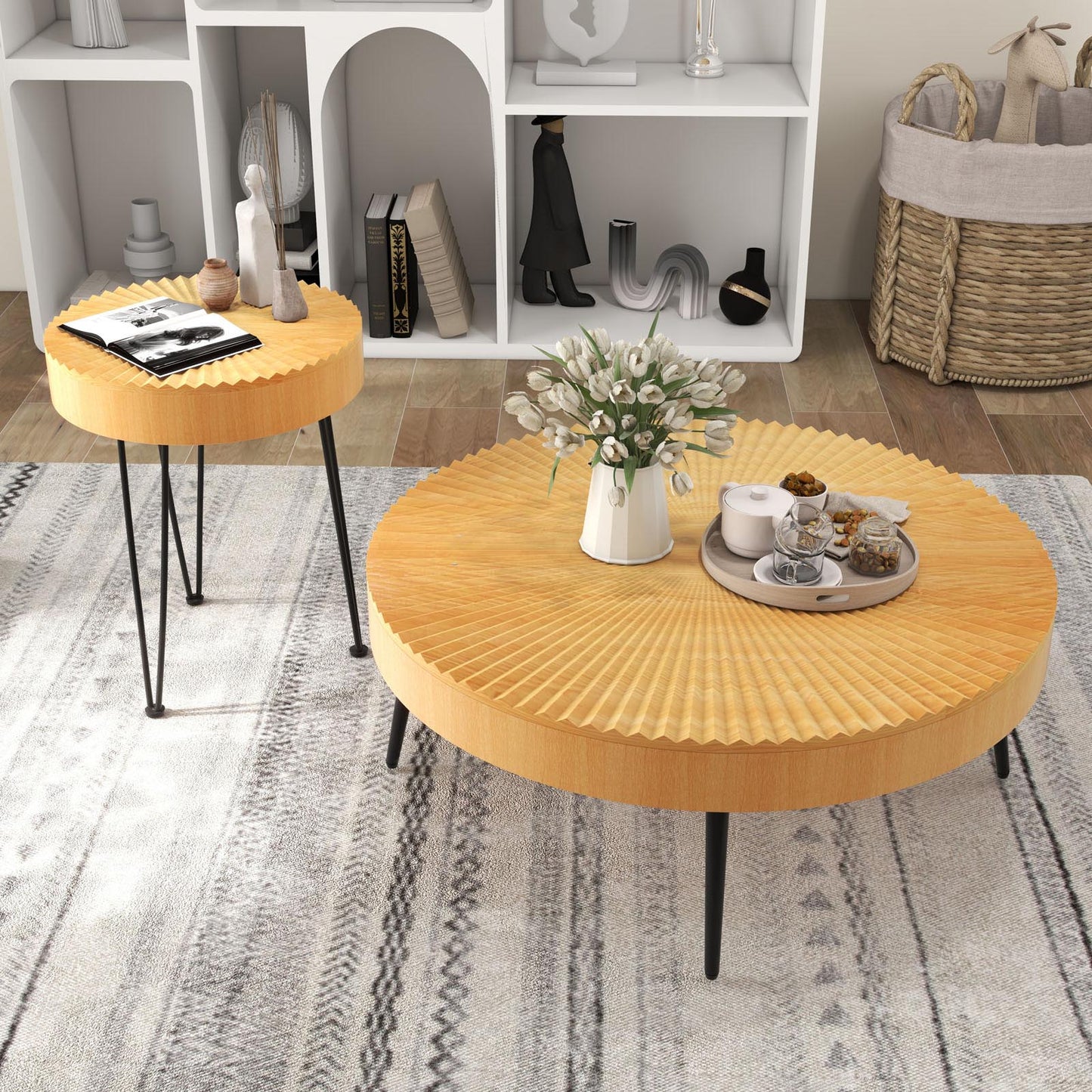 Wooden Coffee Table Set of 2 with Radial Pattern Tops, Metal Legs and Adjustable Foot Pads