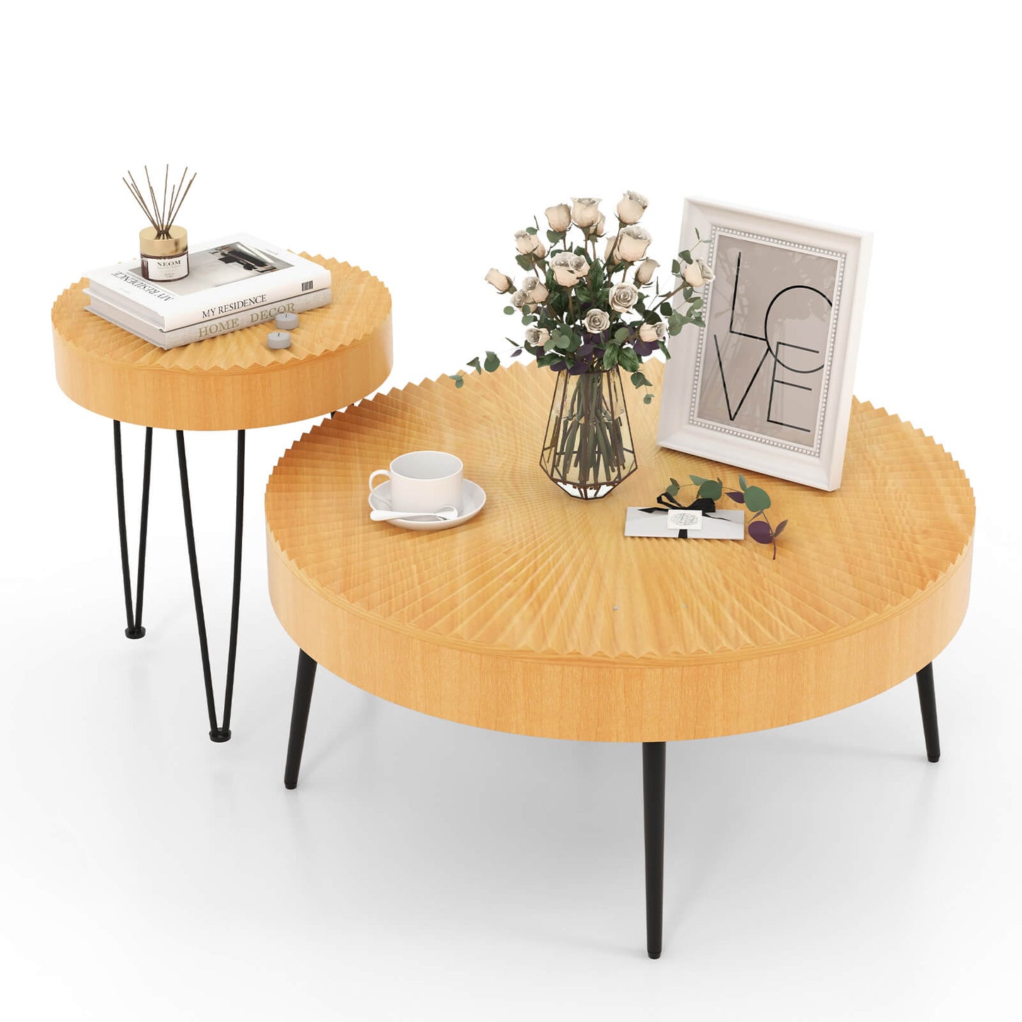 Wooden Coffee Table Set of 2 with Radial Pattern Tops, Metal Legs and Adjustable Foot Pads